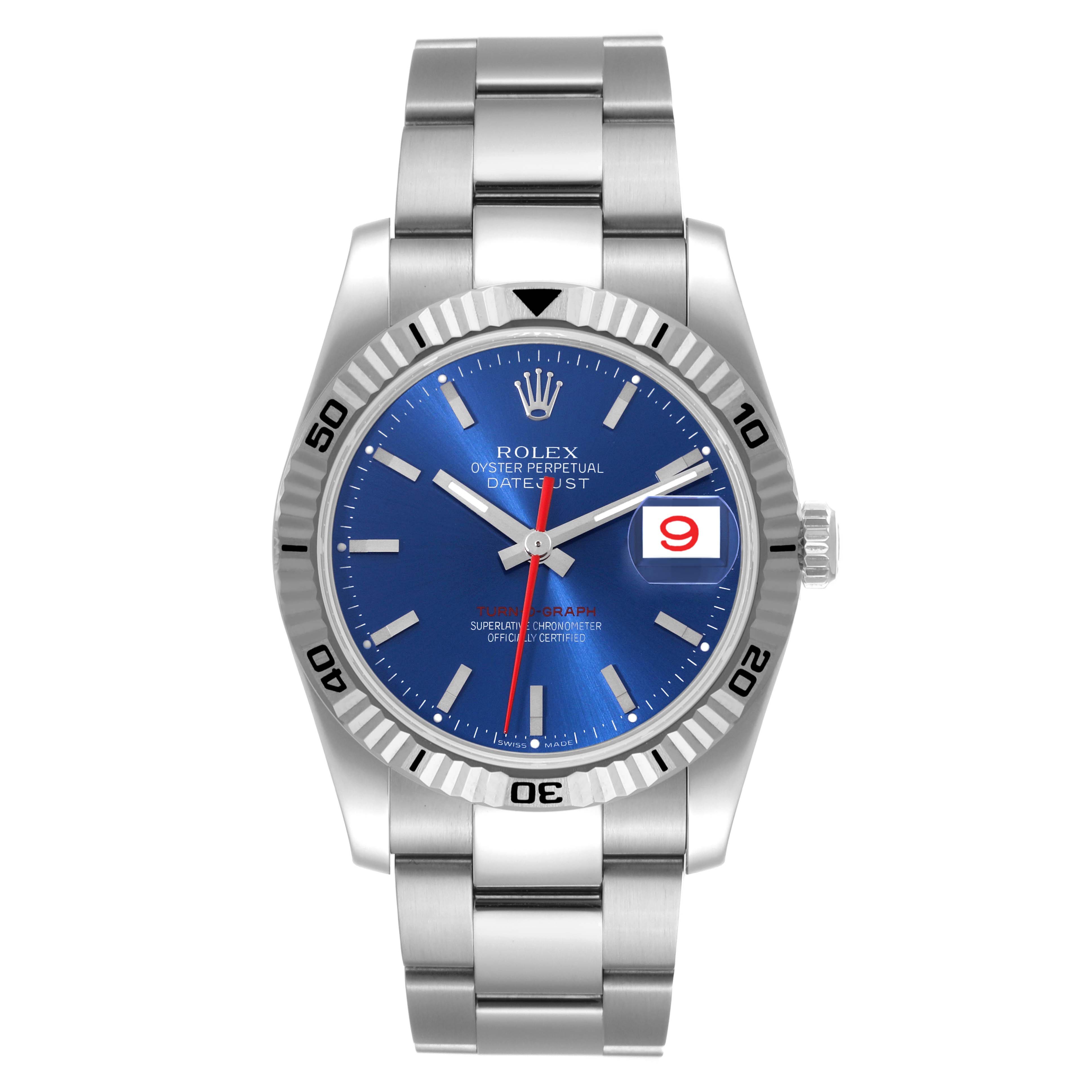 The image shows a front view of a Rolex Turn-o-Graph 116264 Men's Stainless Steel Blue Dial 116264 Men's Stainless Steel Blue Dial model with a blue dial, stainless steel bracelet, and visible date window.