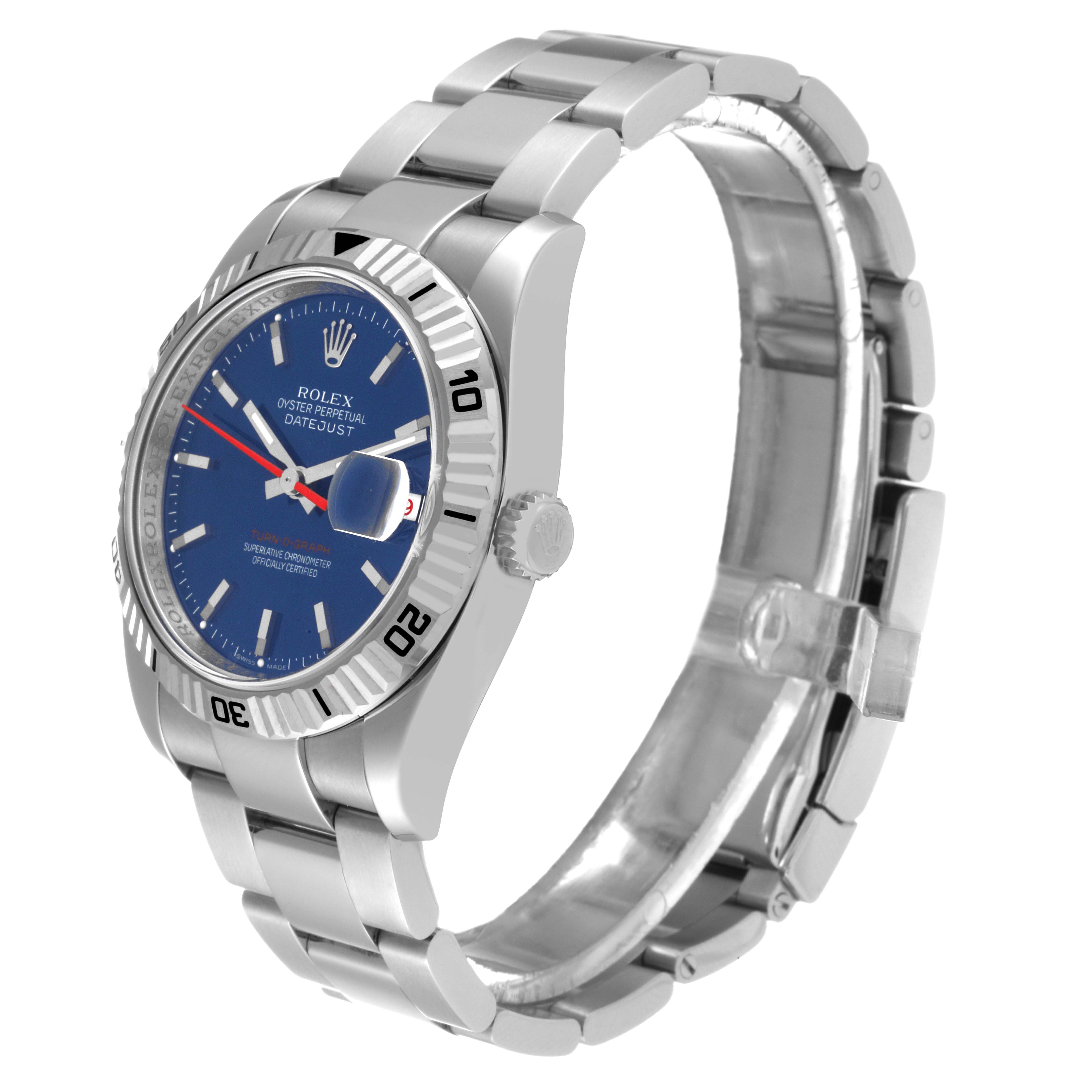 The image shows a Rolex Turn-o-Graph 116264 Men's Stainless Steel Blue Dial 116264 Men's Stainless Steel Blue Dial, angled to highlight its blue dial, bezel, crown, and bracelet links.