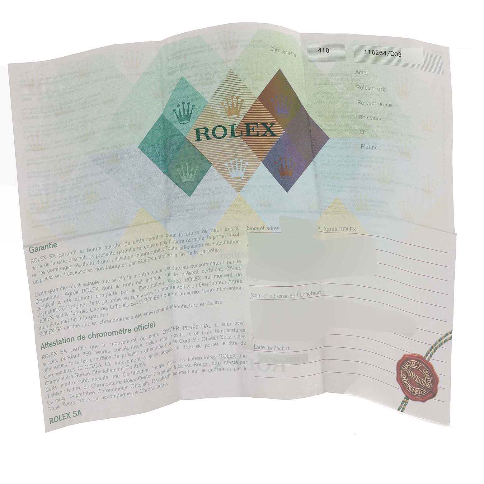 This image shows the official guarantee certificate for a Rolex Turn-o-Graph 116264 Men's Stainless Steel Blue Dial 116264 Men's Stainless Steel Blue Dial model.