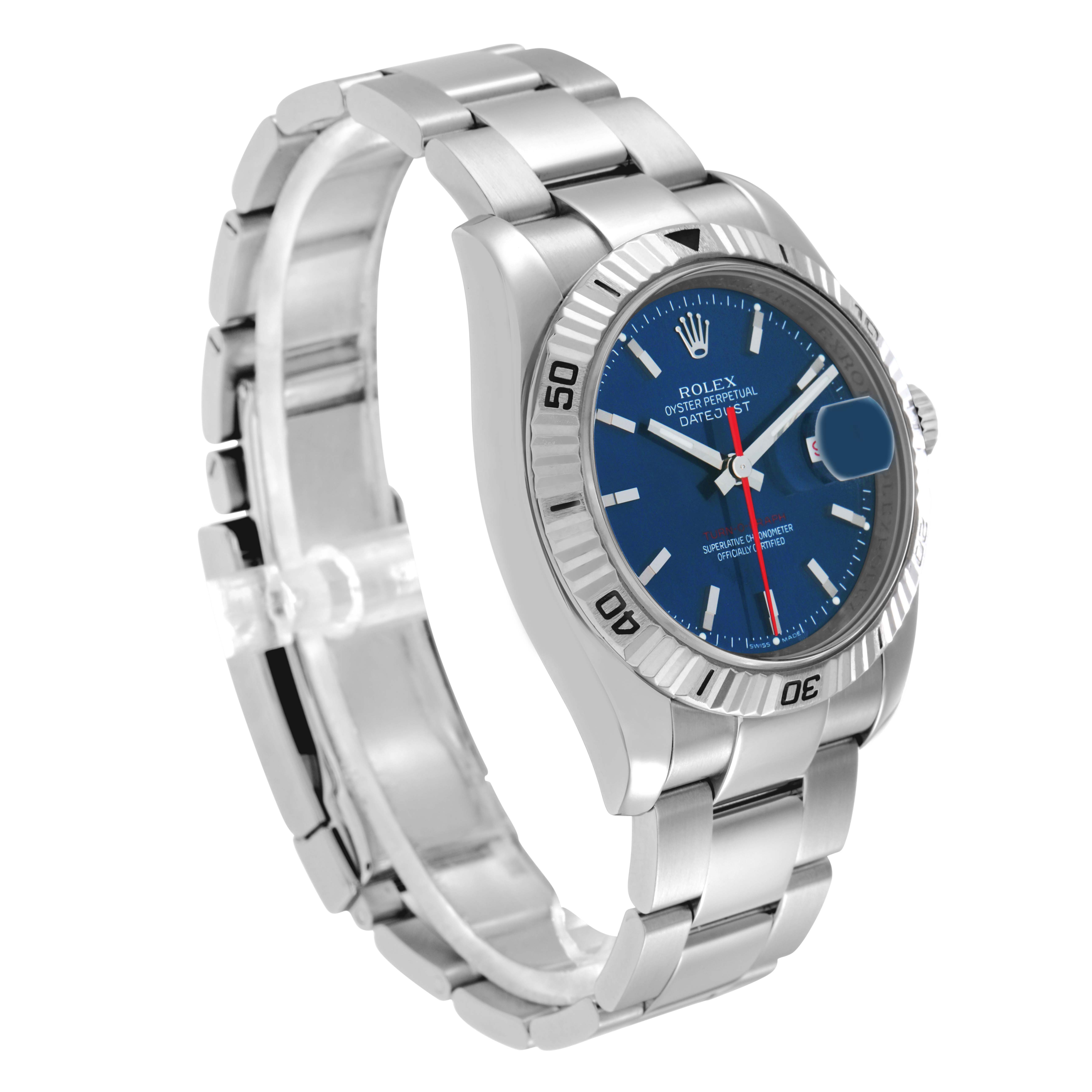 The image shows a Rolex Turn-o-Graph model 116264 men
s watch at a three-quarter angle, highlighting the bezel, blue dial, bracelet, and case.