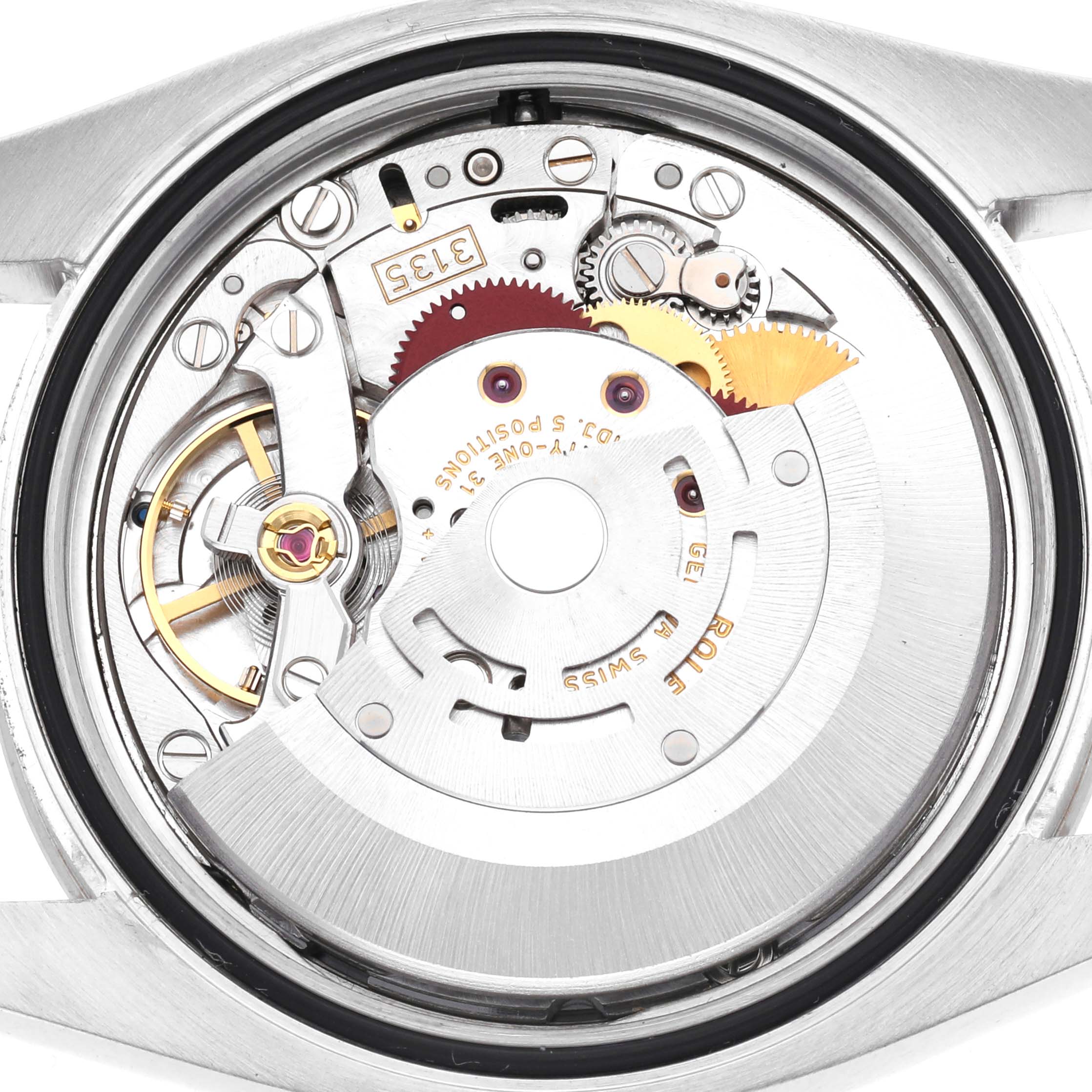 The image shows the internal mechanism of a Rolex Turn-o-Graph model 116264 from a direct overhead angle, highlighting gears and other movement parts.