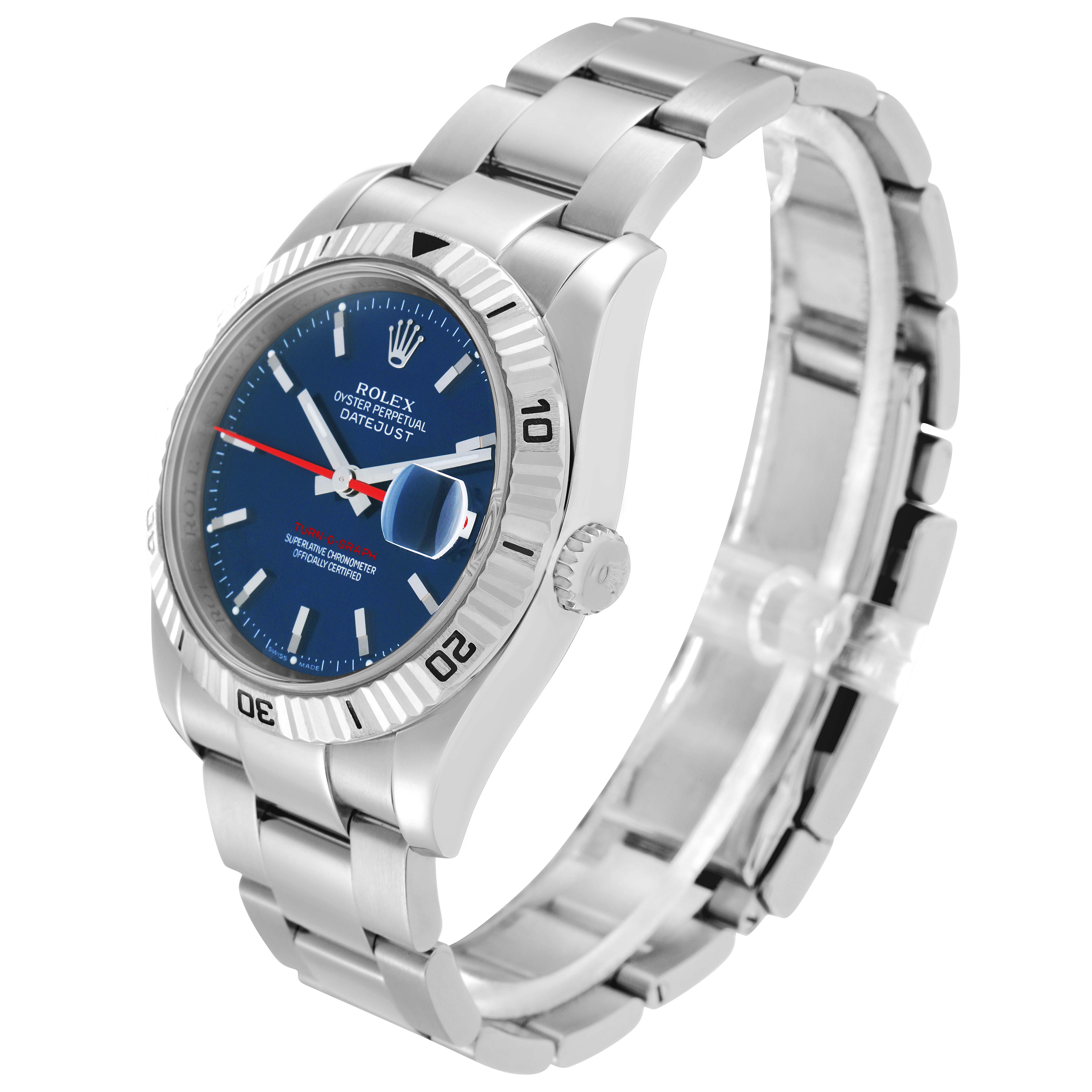 The Rolex Turn-o-Graph model 116264 men
s watch is shown at an angled side view, highlighting its bezel, dial, crown, and bracelet.