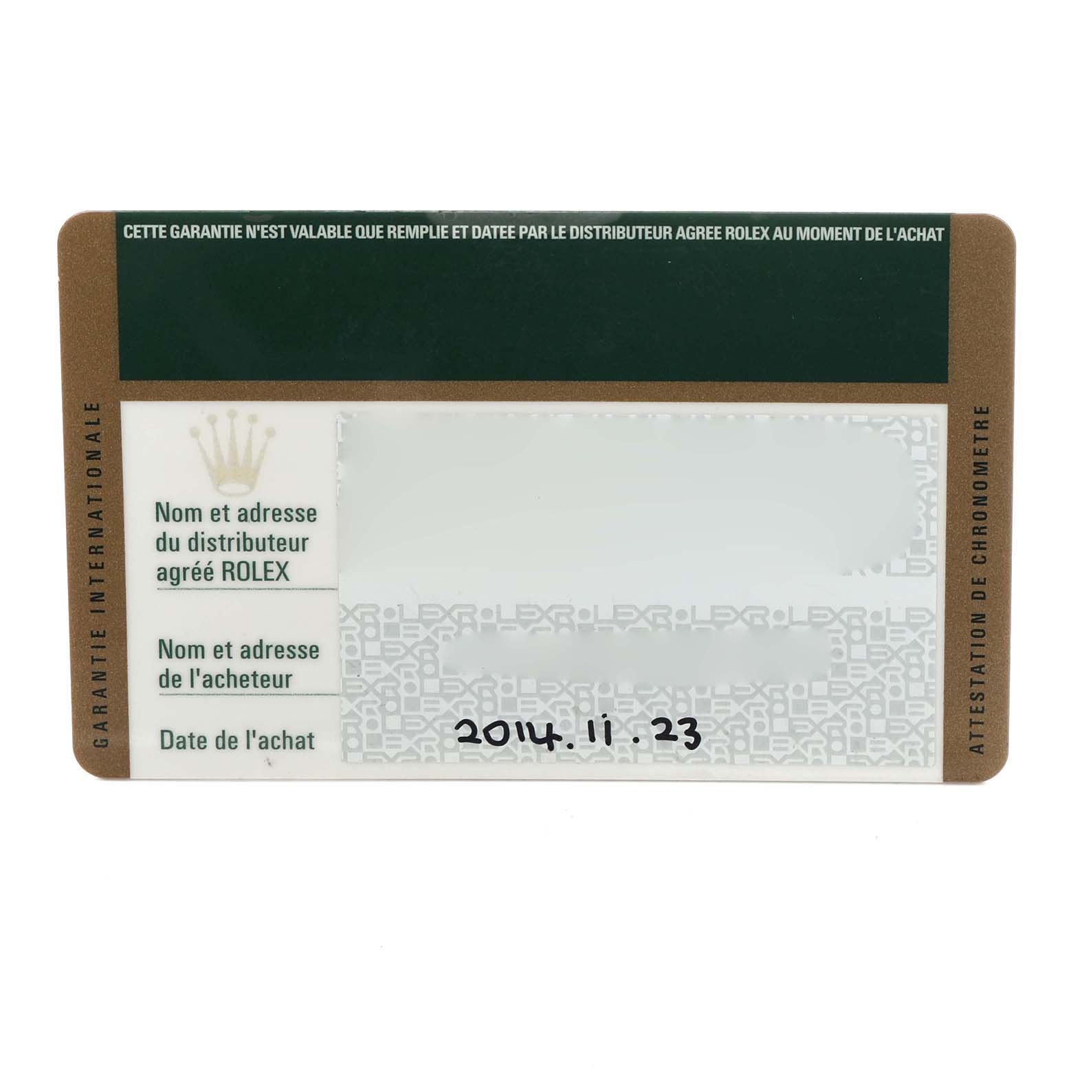 The image shows a warranty card for the Rolex Turn-o-Graph, model 116264, with text fields for distributor info and purchase date, dated 2014.11.23.