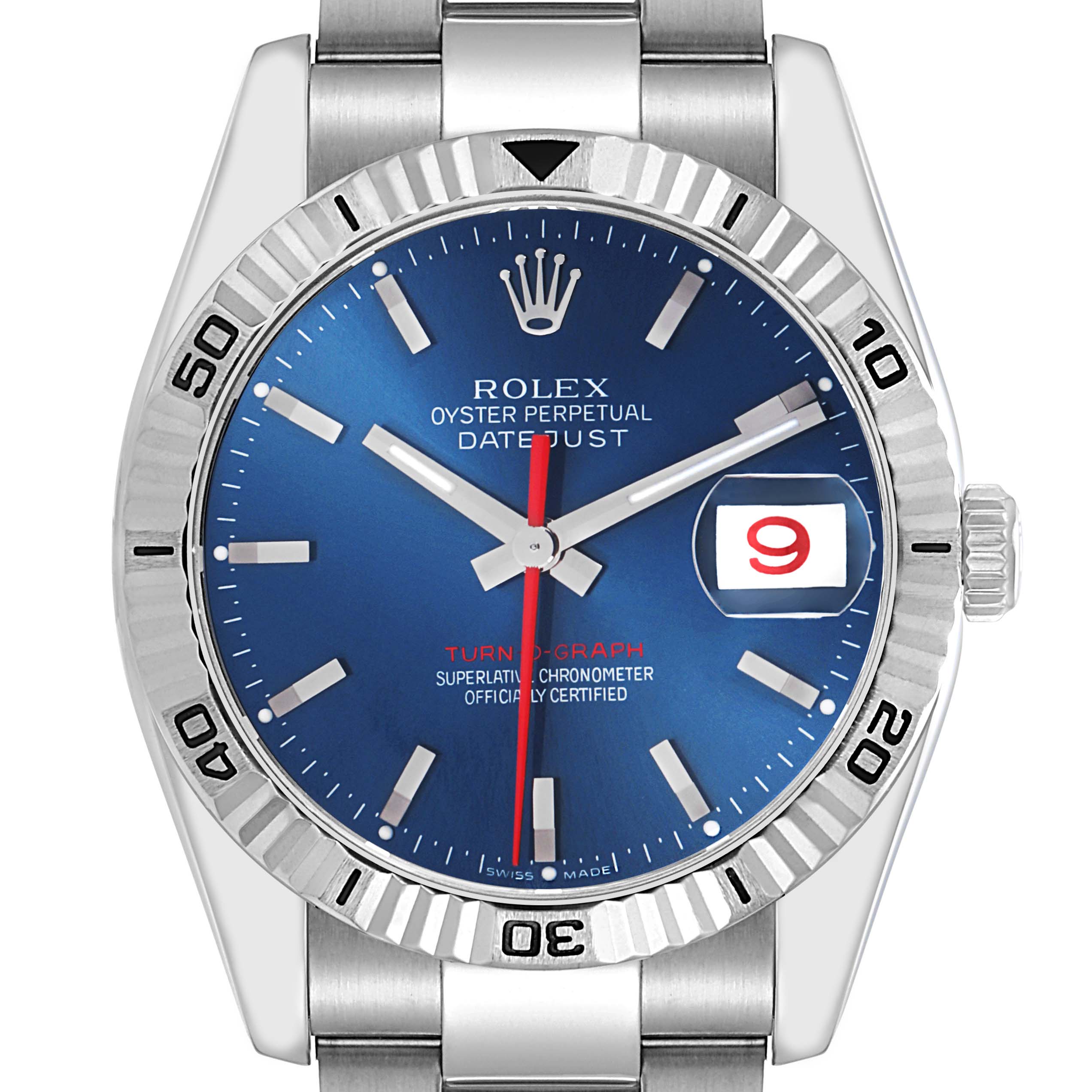 The Rolex Turn-o-Graph model 116264 watch is shown from the front, displaying its blue dial, fluted bezel, date window, and bracelet.