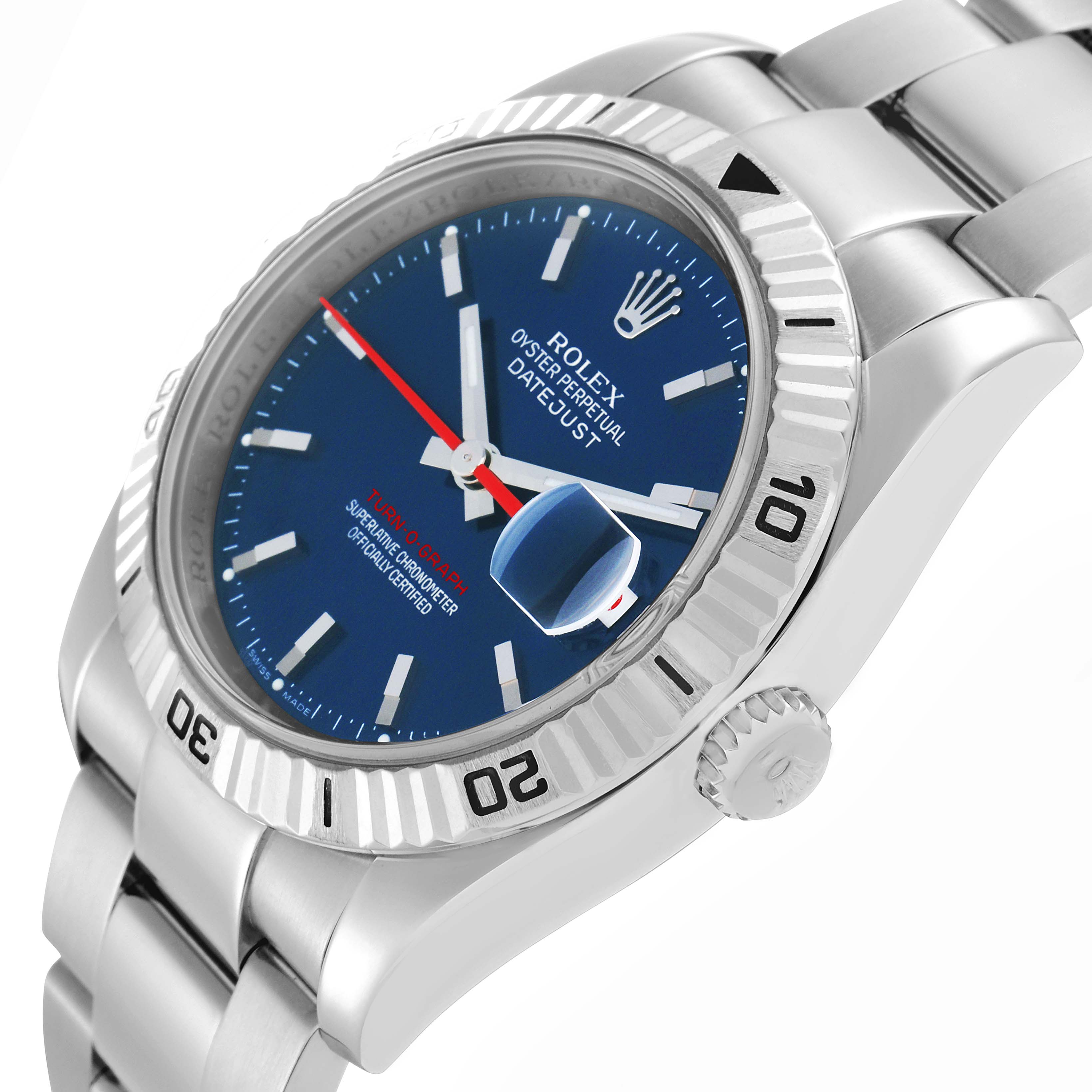 The Rolex Turn-o-Graph model 116264 is shown at an angle highlighting the blue dial, fluted bezel, and stainless steel bracelet.