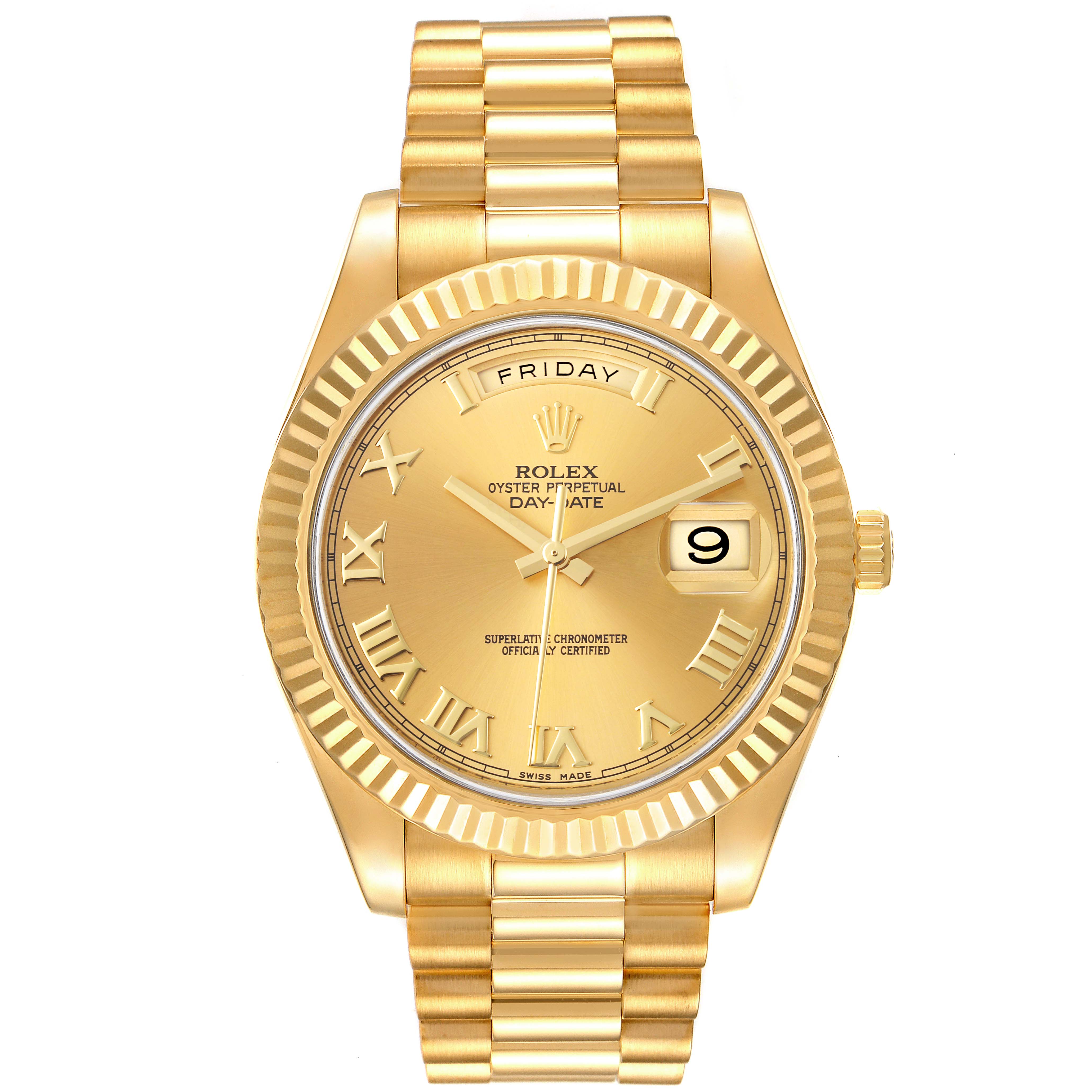 The Rolex President 218238 Men
s Yellow Gold Champagne Dial 218238 Men
s Yellow Gold Champagne Dial model watch is shown from a front angle, displaying the face, band, date, and day features.