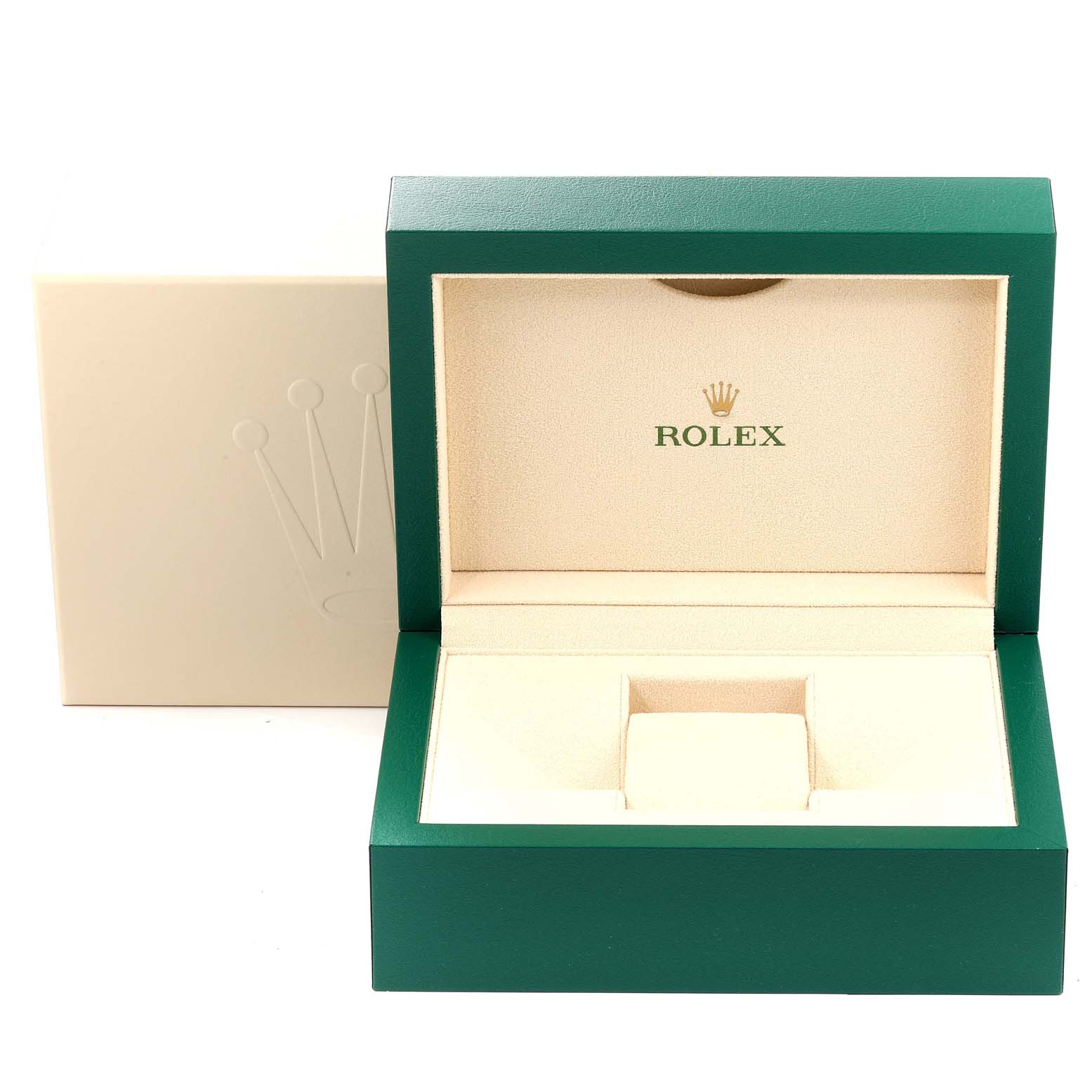 The image shows an open Rolex President 218238 Men
s Yellow Gold Champagne Dial 218238 Men
s Yellow Gold Champagne Dial model watch box, displaying the logo on the interior and exterior.