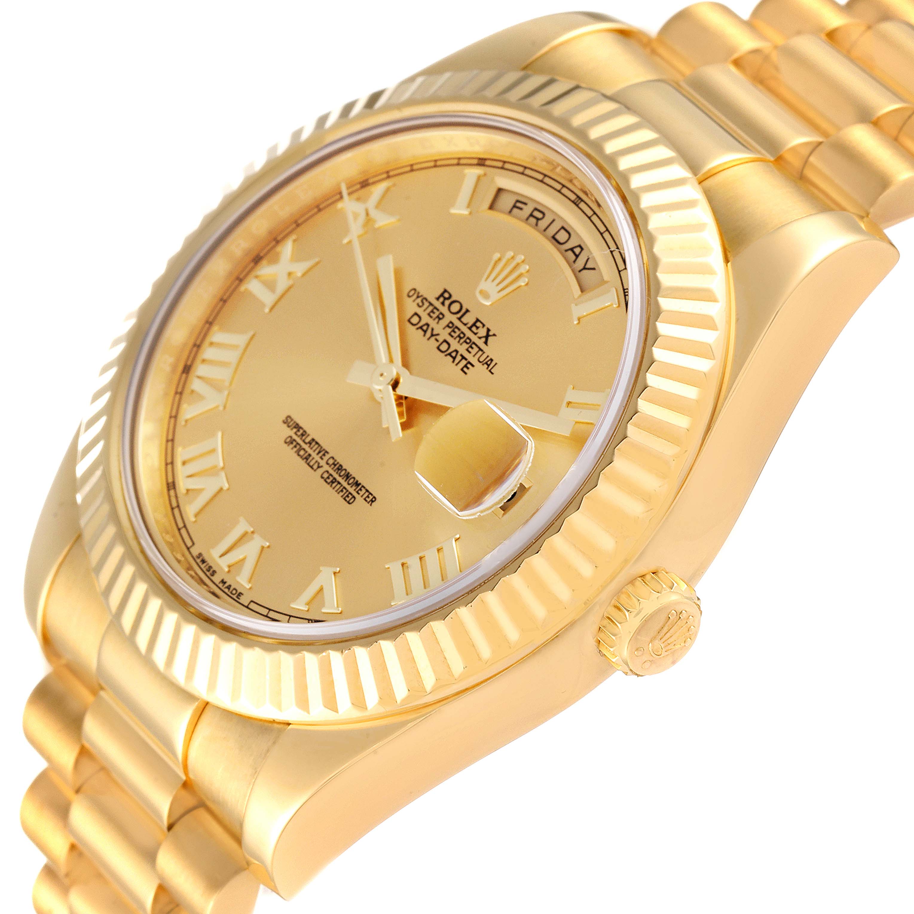 The image shows a close-up angled view of the Rolex President 218238 Men
s Yellow Gold Champagne Dial 218238 Men
s Yellow Gold Champagne Dial model watch, highlighting the dial, crown, and part of the bracelet.
