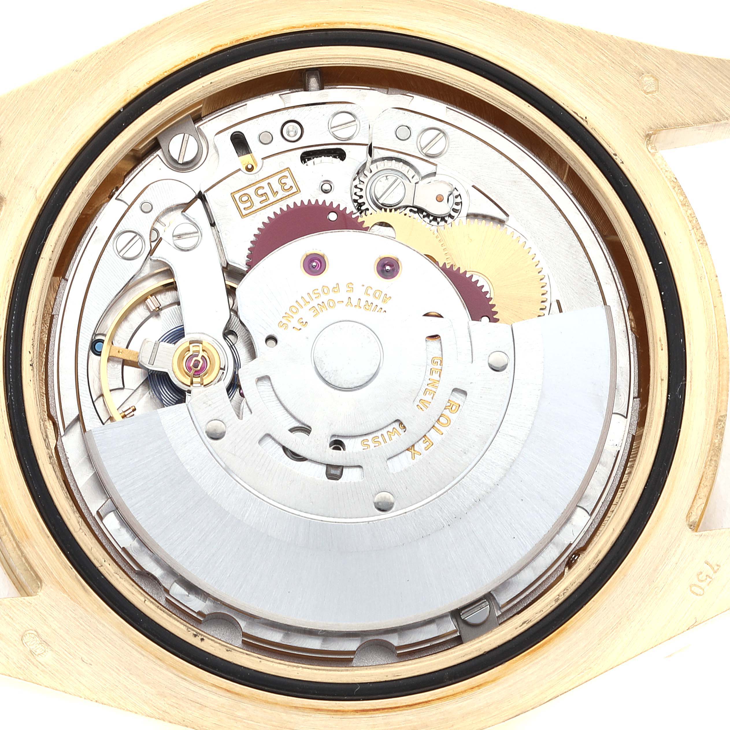 This image shows the internal mechanical movement of the Rolex President 218238 Men
s Yellow Gold Champagne Dial 218238 Men
s Yellow Gold Champagne Dial model watch viewed from the back.