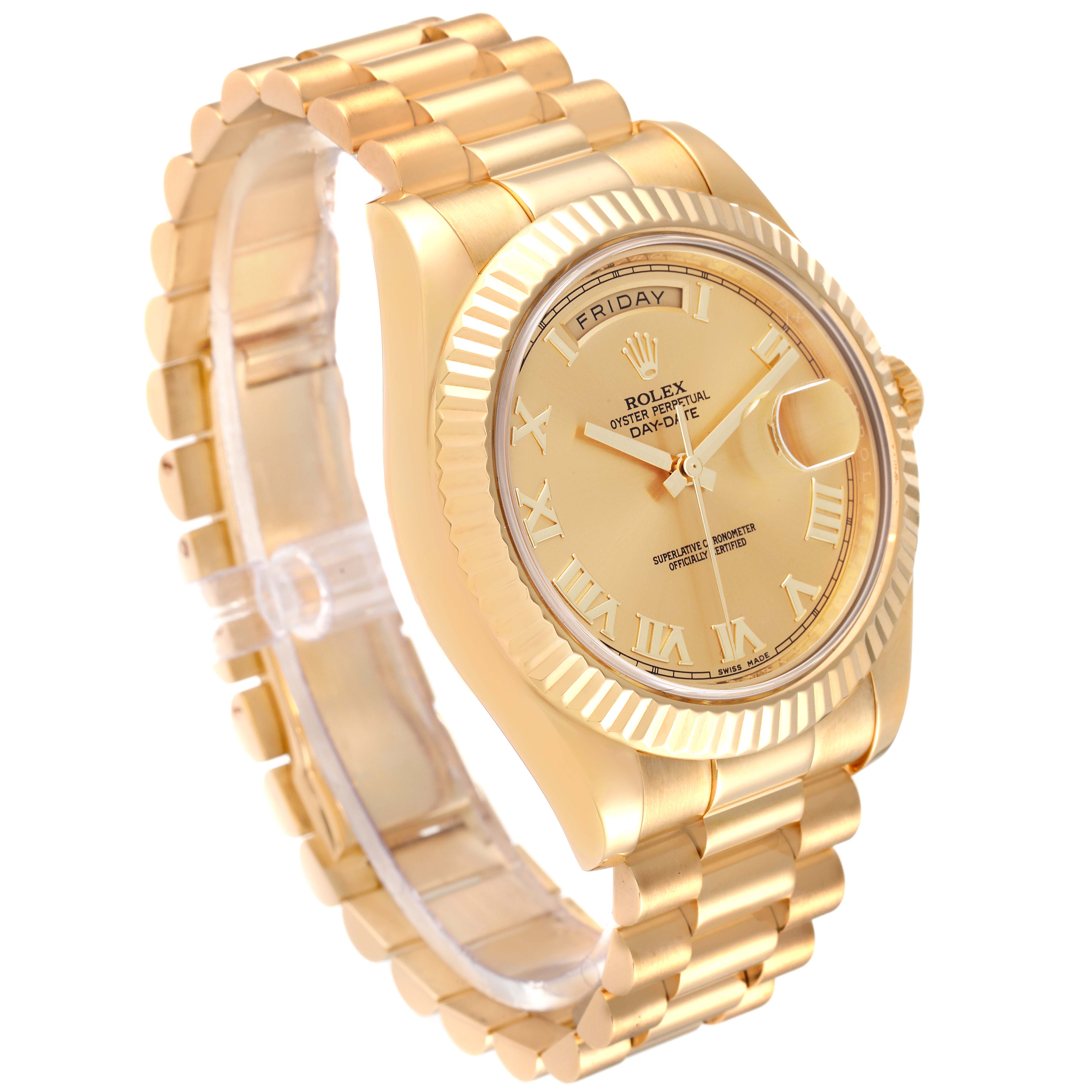 This Rolex President 218238 Men
s Yellow Gold Champagne Dial 218238 Men
s Yellow Gold Champagne Dial model watch is shown at a three-quarter angle, displaying the band, face, and bezel.