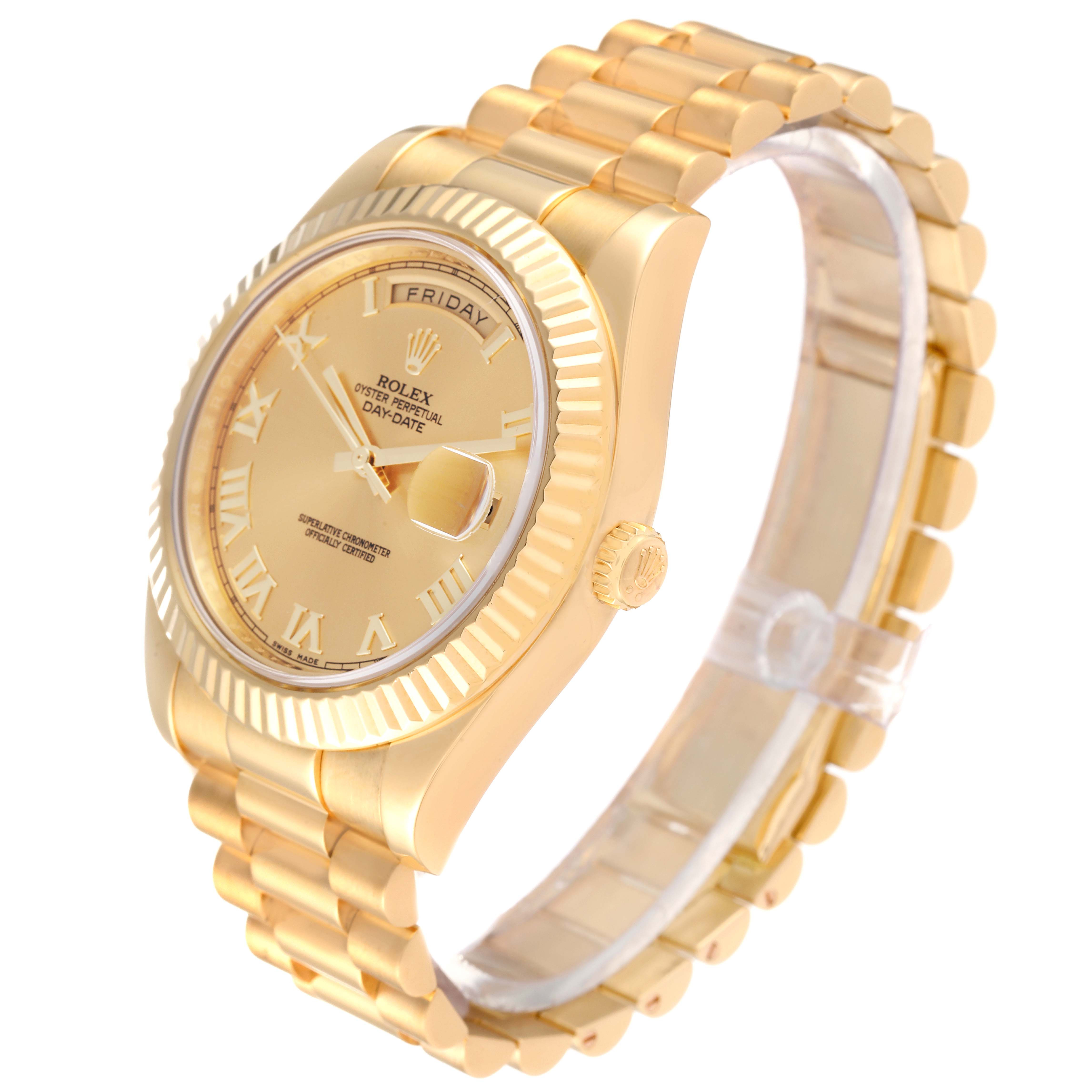 This image shows a side angle of the Rolex President 218238 Men
s Yellow Gold Champagne Dial 218238 Men
s Yellow Gold Champagne Dial model watch, displaying the gold case, bracelet, and dial clearly.