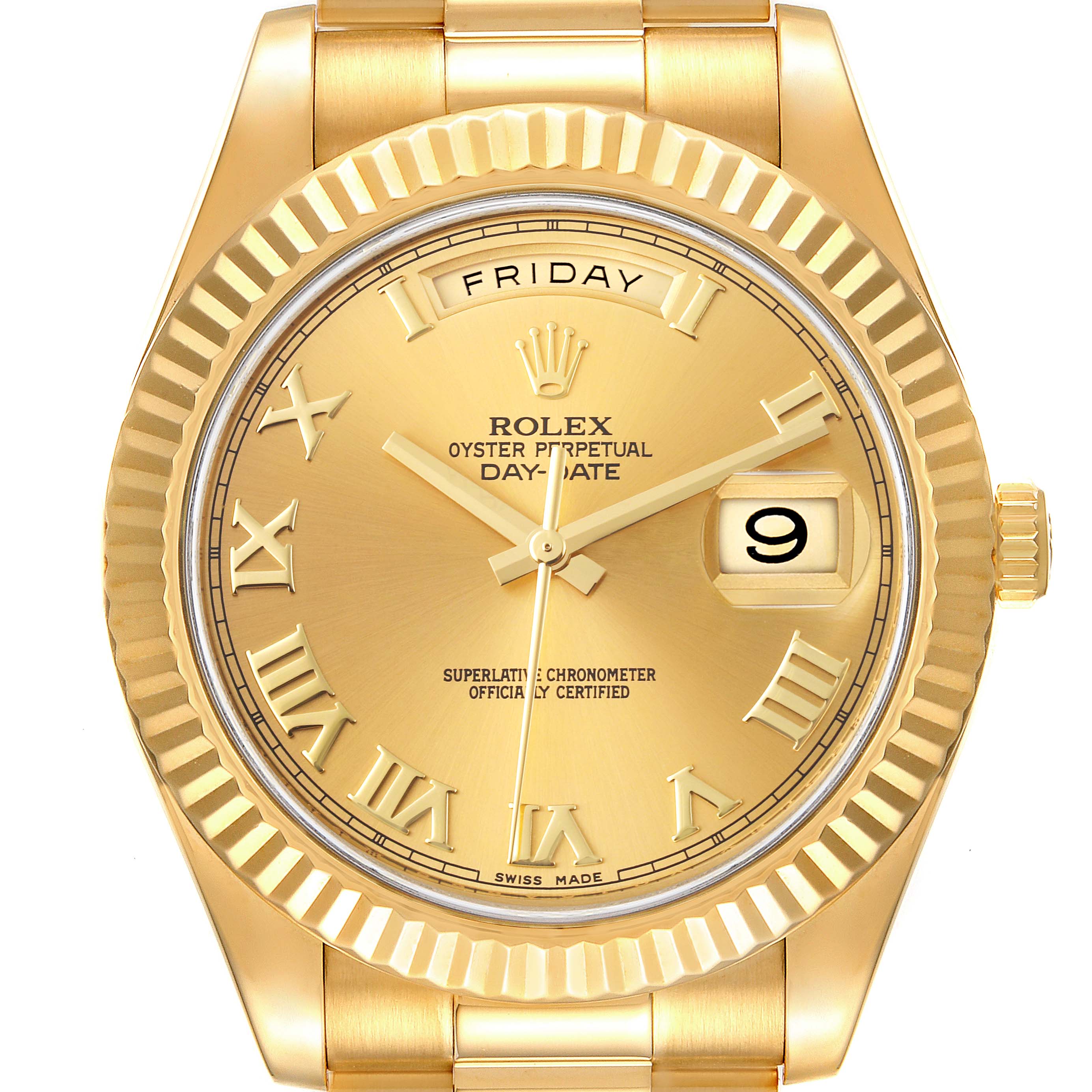 The image shows a frontal view of the Rolex President 218238 Men
s Yellow Gold Champagne Dial 218238 Men
s Yellow Gold Champagne Dial model watch, highlighting the dial, bezel, and part of the bracelet.