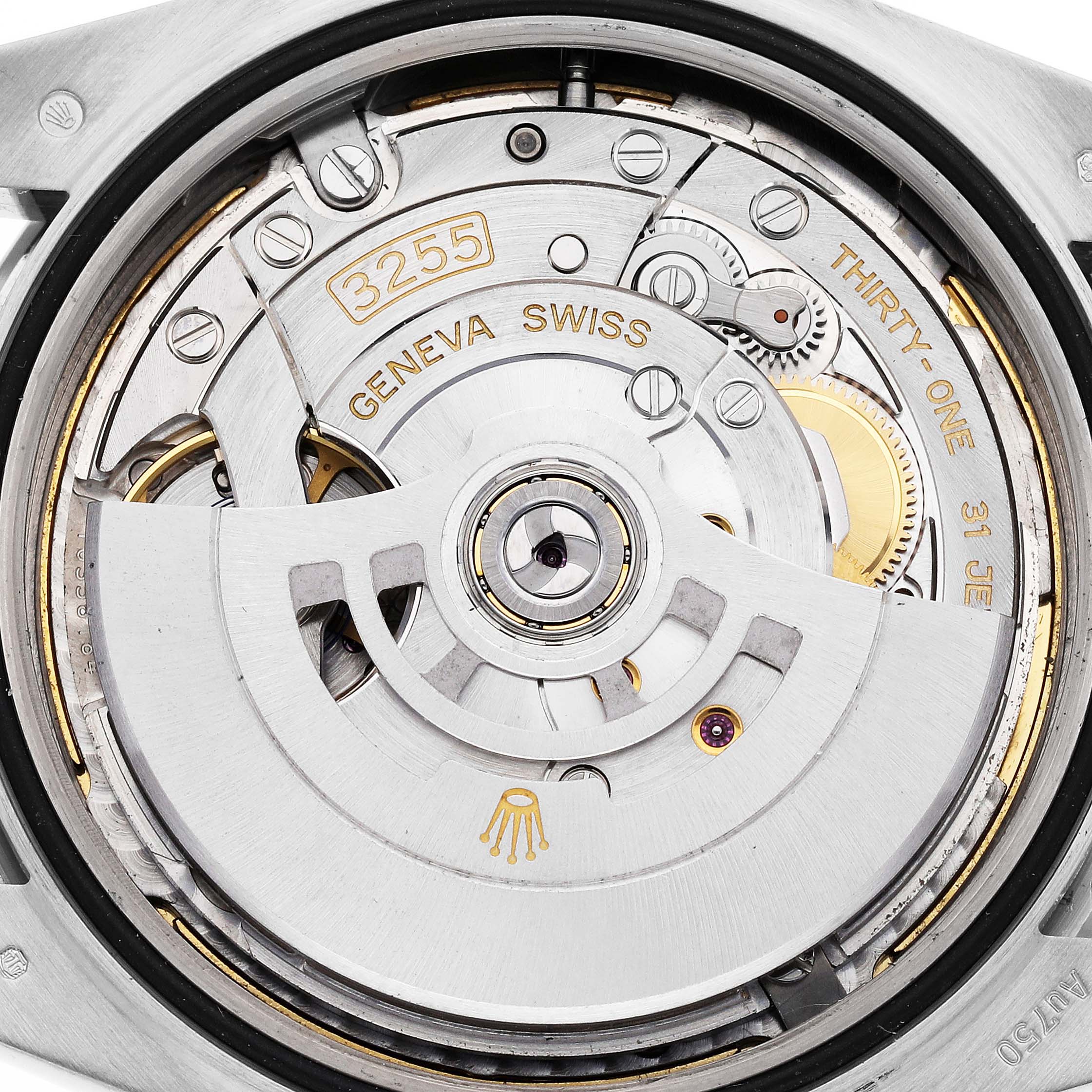 This image shows the intricate inner movement mechanism of a Rolex President 228349 Men's White Gold Green Dial 228349 Men's White Gold Green Dial model watch, displaying the caliber 3255.