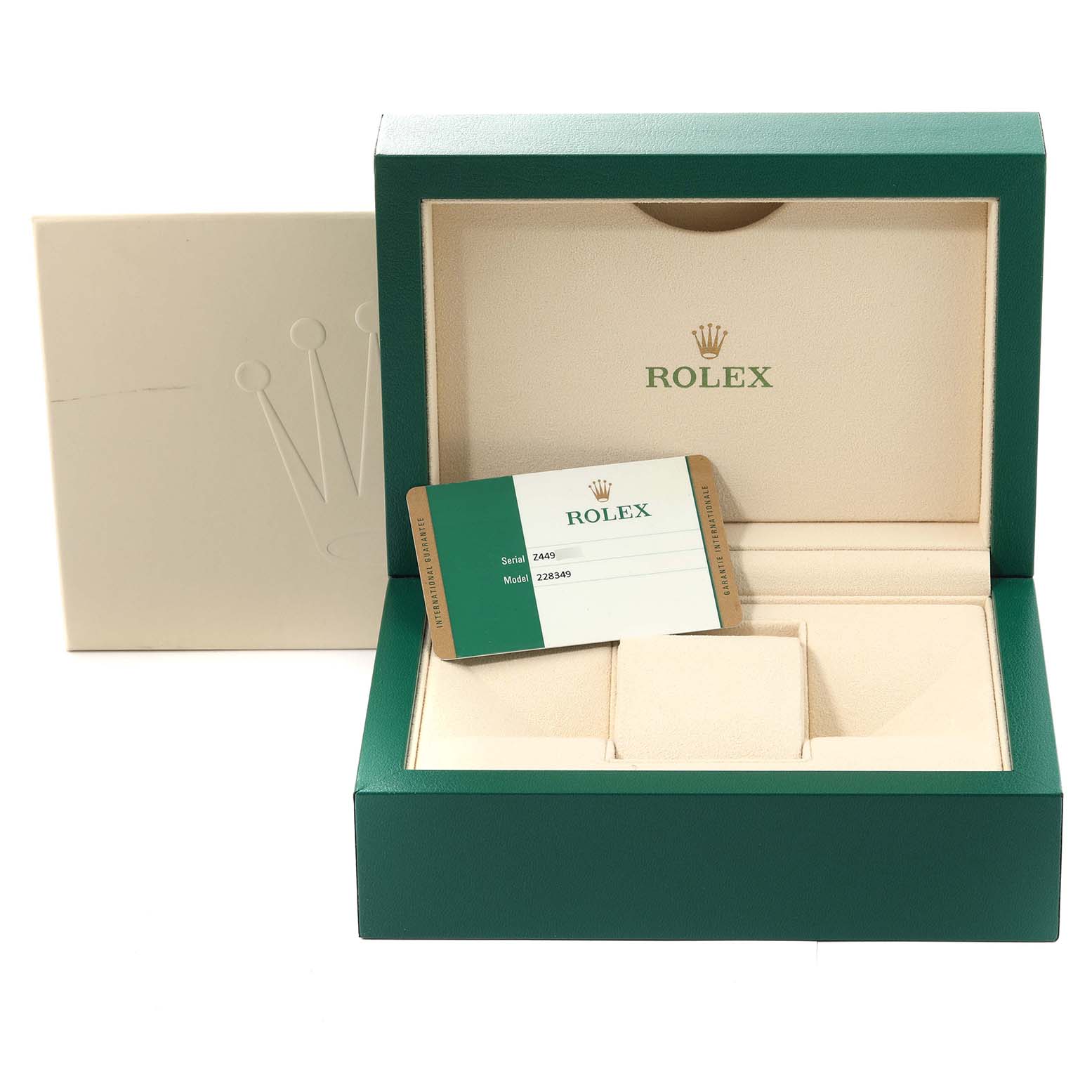 The image shows an open Rolex President 228349 Men's White Gold Green Dial 228349 Men's White Gold Green Dial watch box and cardholder, viewed from the front.