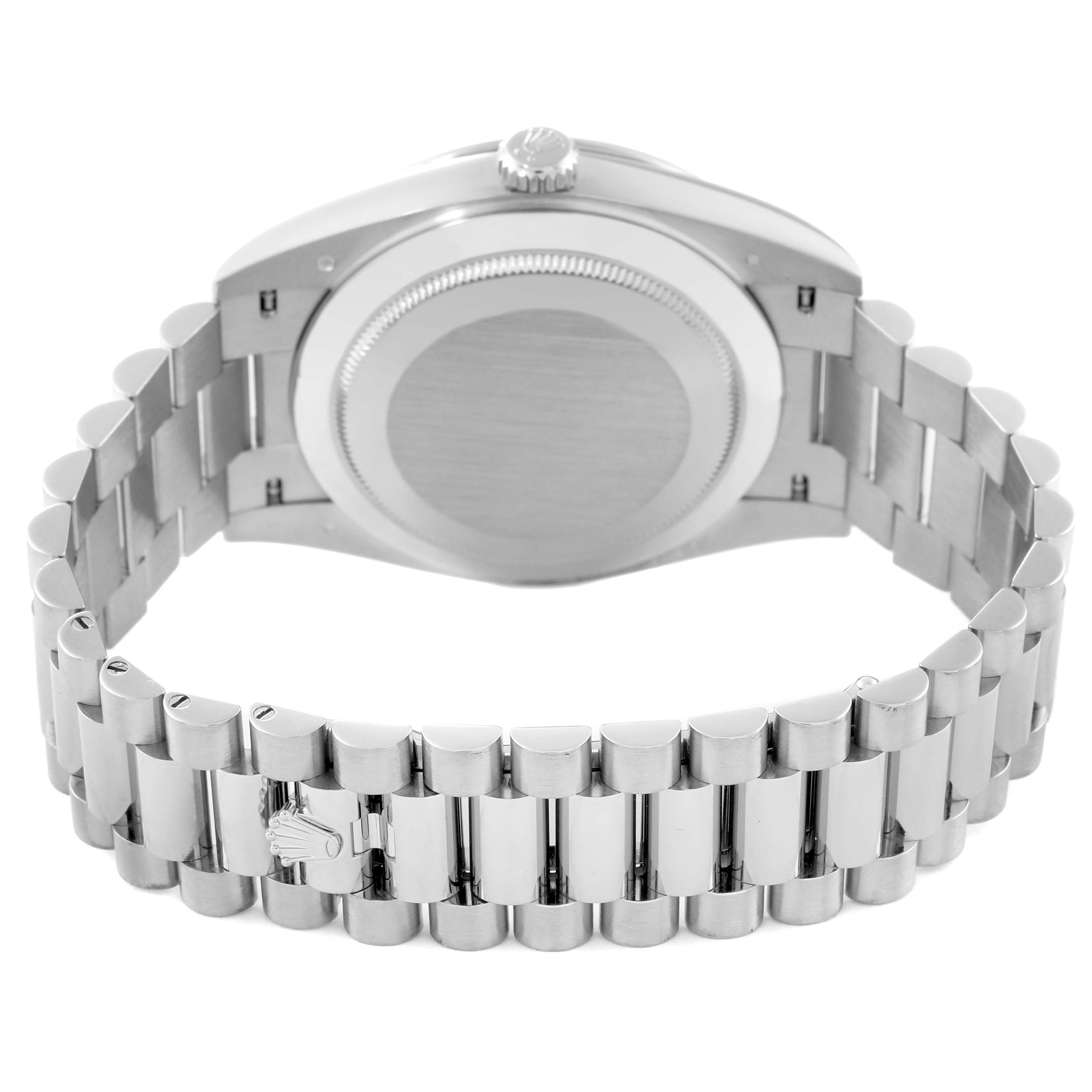 The image shows the back and band of a Rolex President 228349 Men's White Gold Green Dial 228349 Men's White Gold Green Dial model watch, focusing on the clasp and bracelet.