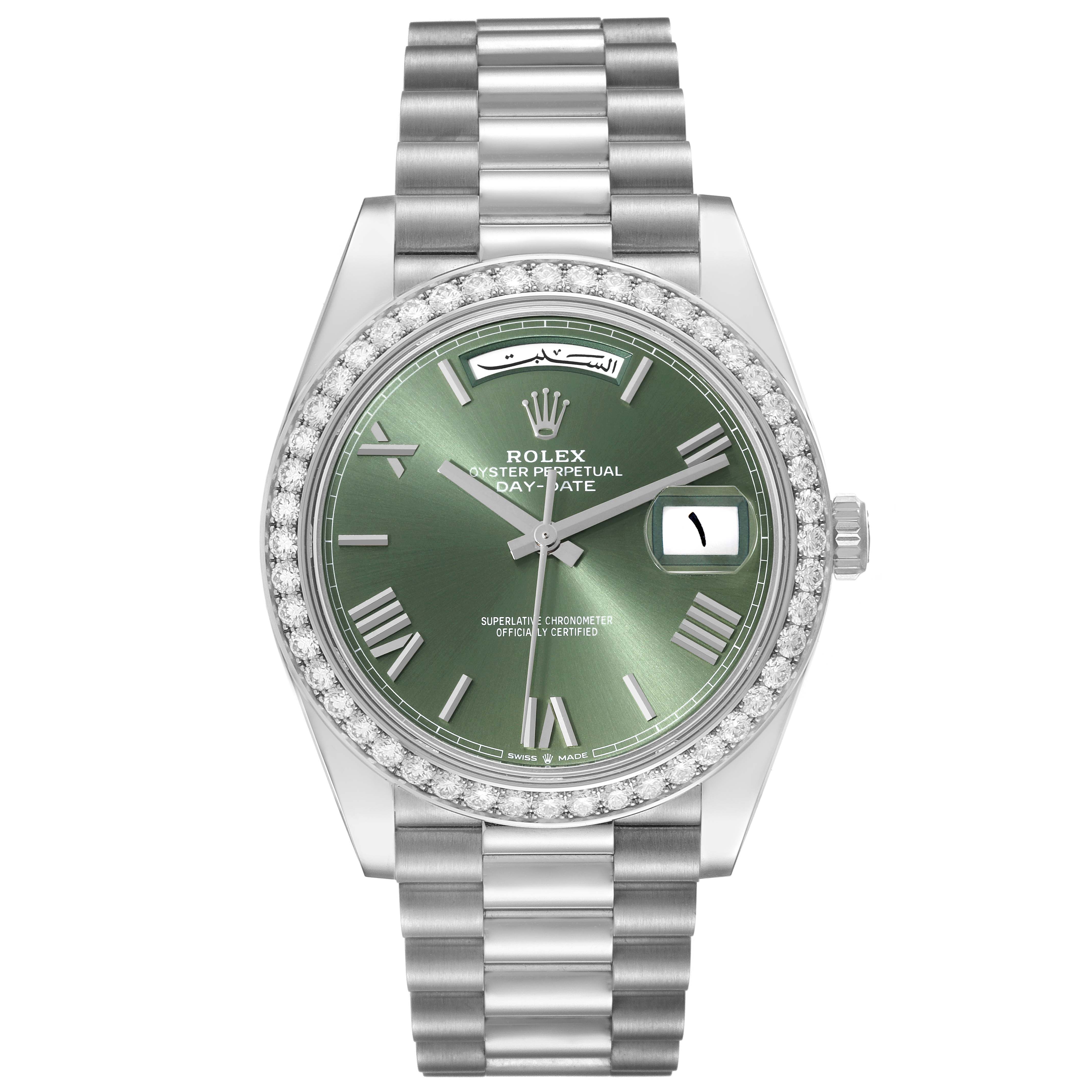 The image shows a front-facing view of a Rolex President 228349 Men's White Gold Green Dial 228349 Men's White Gold Green Dial model watch with a green dial and diamond-encrusted bezel.