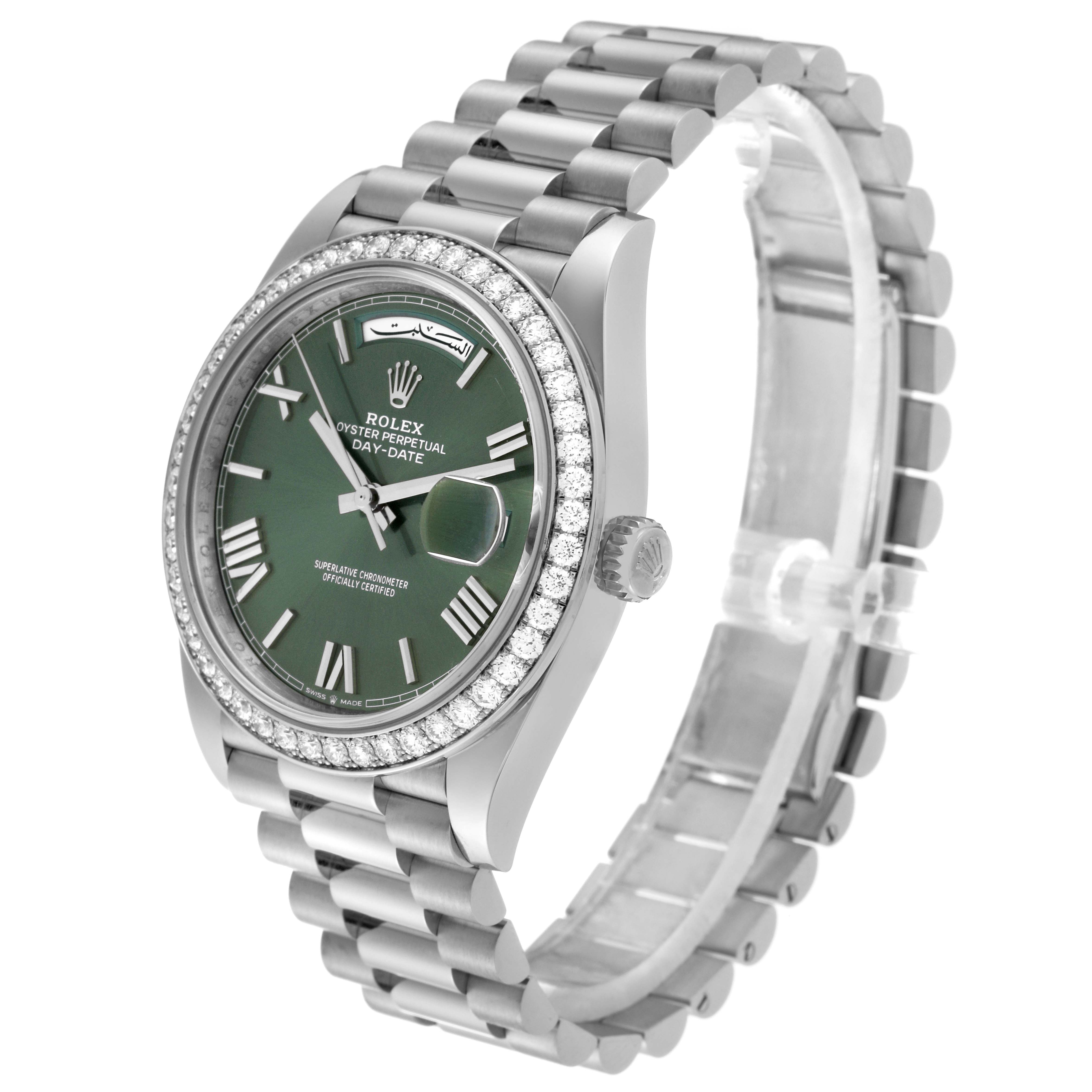 The image shows a Rolex President 228349 Men's White Gold Green Dial 228349 Men's White Gold Green Dial model watch, highlighting the bezel, dial, and bracelet in an angled view.