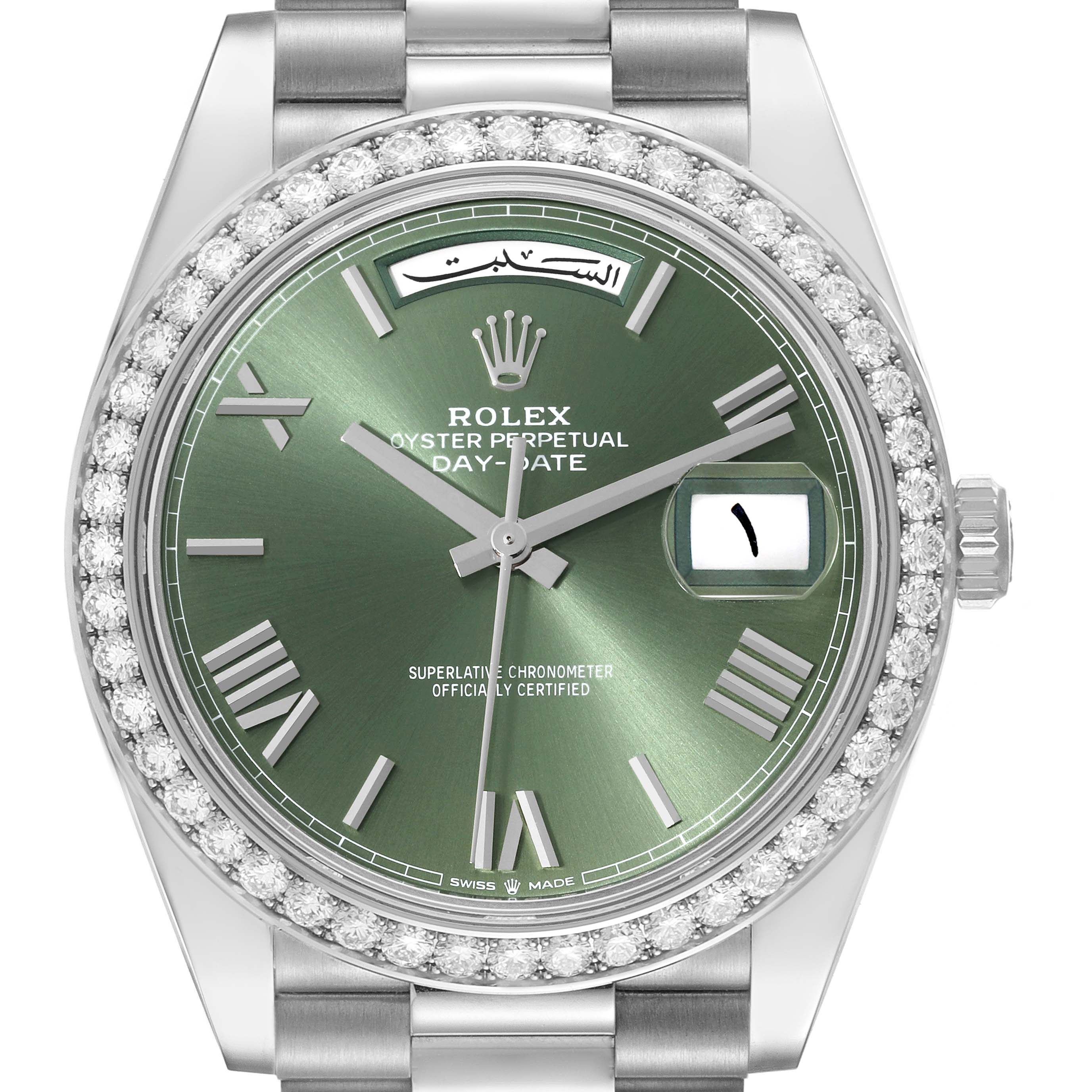 The image shows a front view of the Rolex President 228349 Men's White Gold Green Dial 228349 Men's White Gold Green Dial model, highlighting the green dial, diamond bezel, and bracelet.