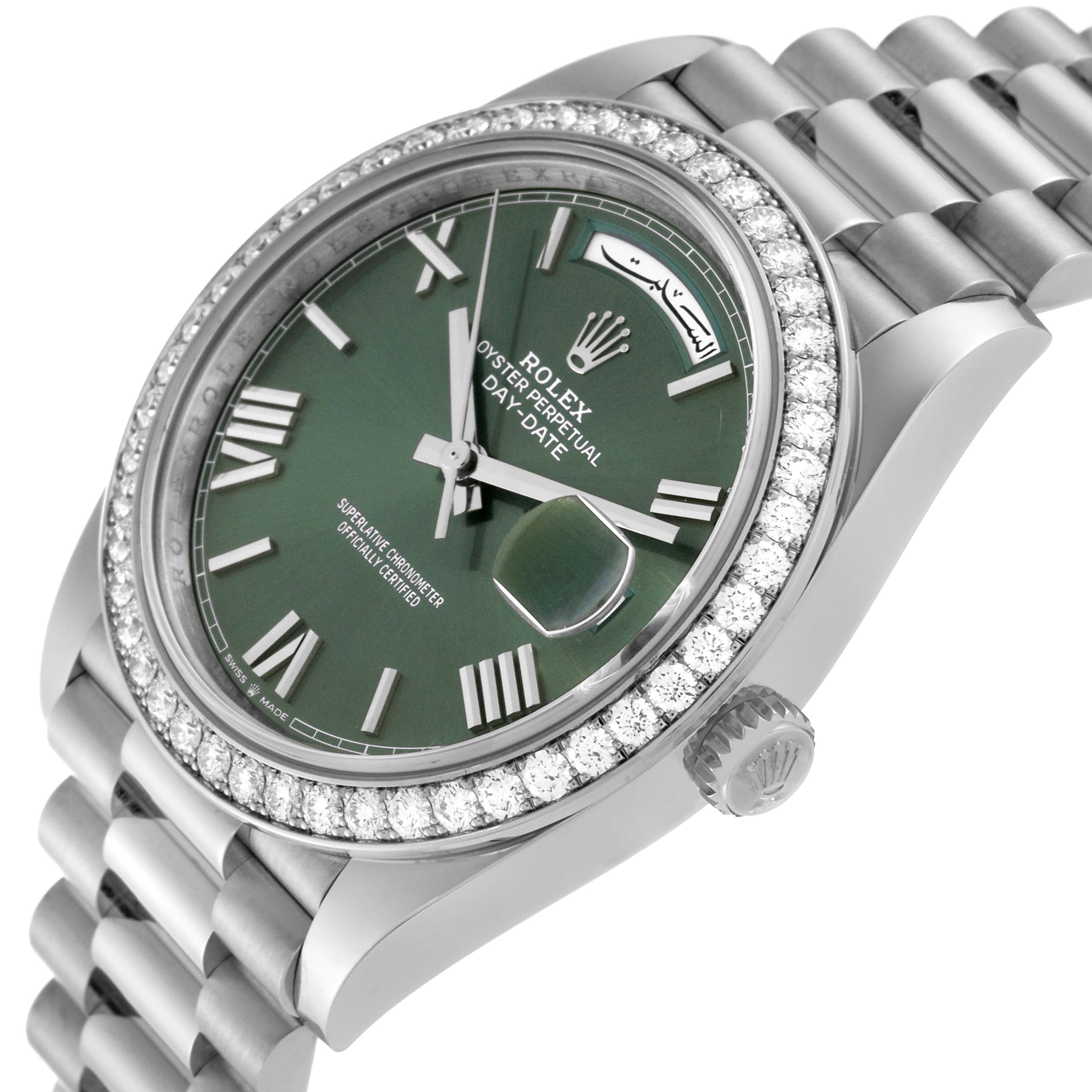 The image shows a close-up angle of the Rolex President 228349 Men's White Gold Green Dial 228349 Men's White Gold Green Dial model, focusing on its diamond bezel, green dial, and part of its bracelet.