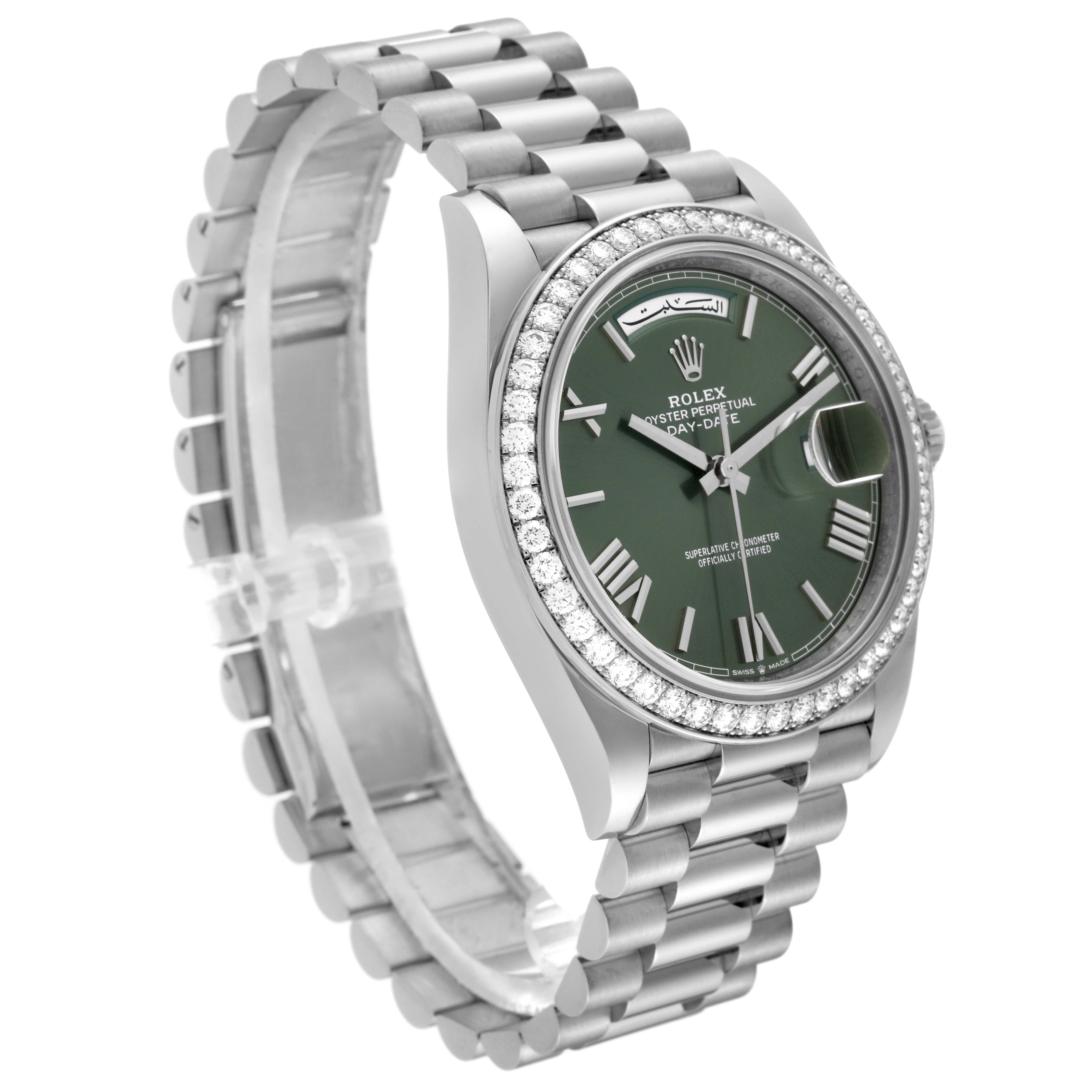 The image shows a side angle of the Rolex President 228349 Men's White Gold Green Dial 228349 Men's White Gold Green Dial model watch, highlighting the green dial, diamond bezel, and metal bracelet.
