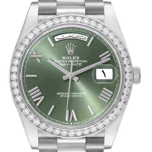 The image shows a front view of a Rolex President watch with a green dial and diamond bezel.