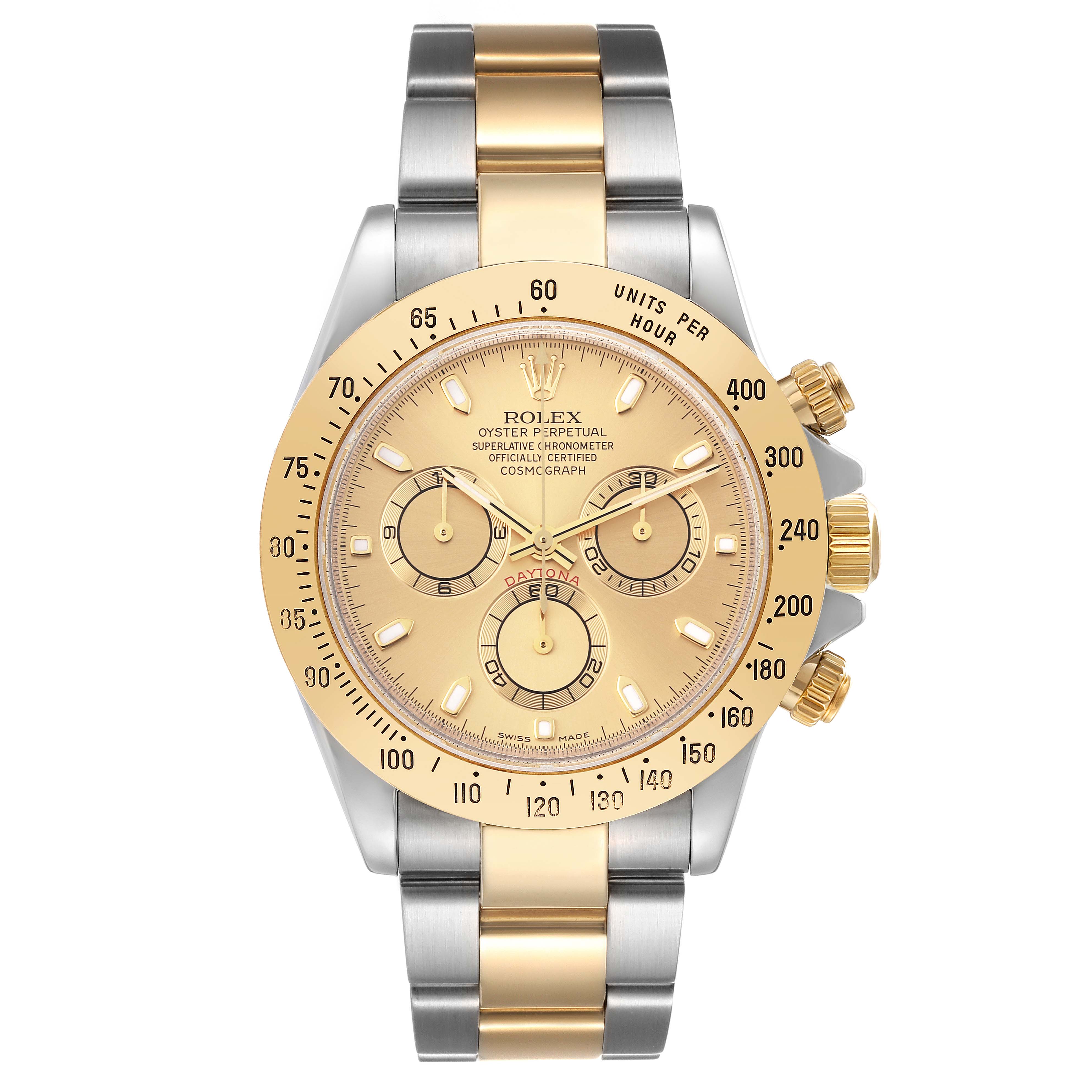 The image shows a front view of a Rolex Daytona 116523 Men
s Steel and Gold (two tone) Champagne Dial 116523 Men
s Steel and Gold (two tone) Champagne Dial watch, featuring a gold dial, bezel, and two-tone bracelet.