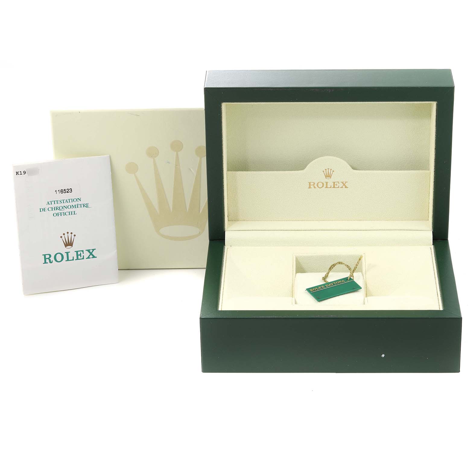 The image shows the box and accessories for a Rolex Daytona 116523 Men
s Steel and Gold (two tone) Champagne Dial 116523 Men
s Steel and Gold (two tone) Champagne Dial watch, including the certification and a tag, displayed at an angle facing forward.