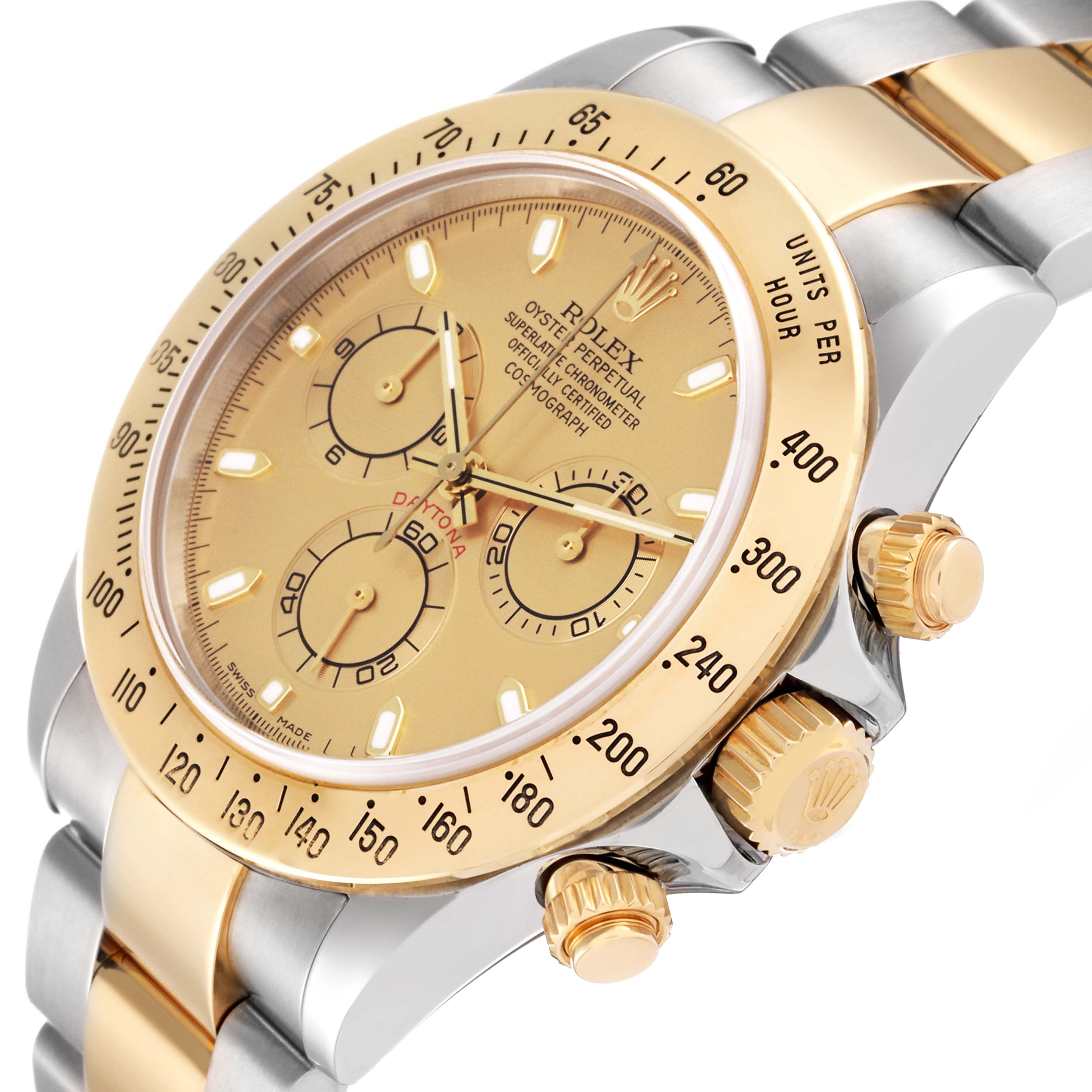 This image displays a close-up of the Rolex Daytona 116523 Men
s Steel and Gold (two tone) Champagne Dial 116523 Men
s Steel and Gold (two tone) Champagne Dial watch, highlighting the face, bezel, crown, and pushers.