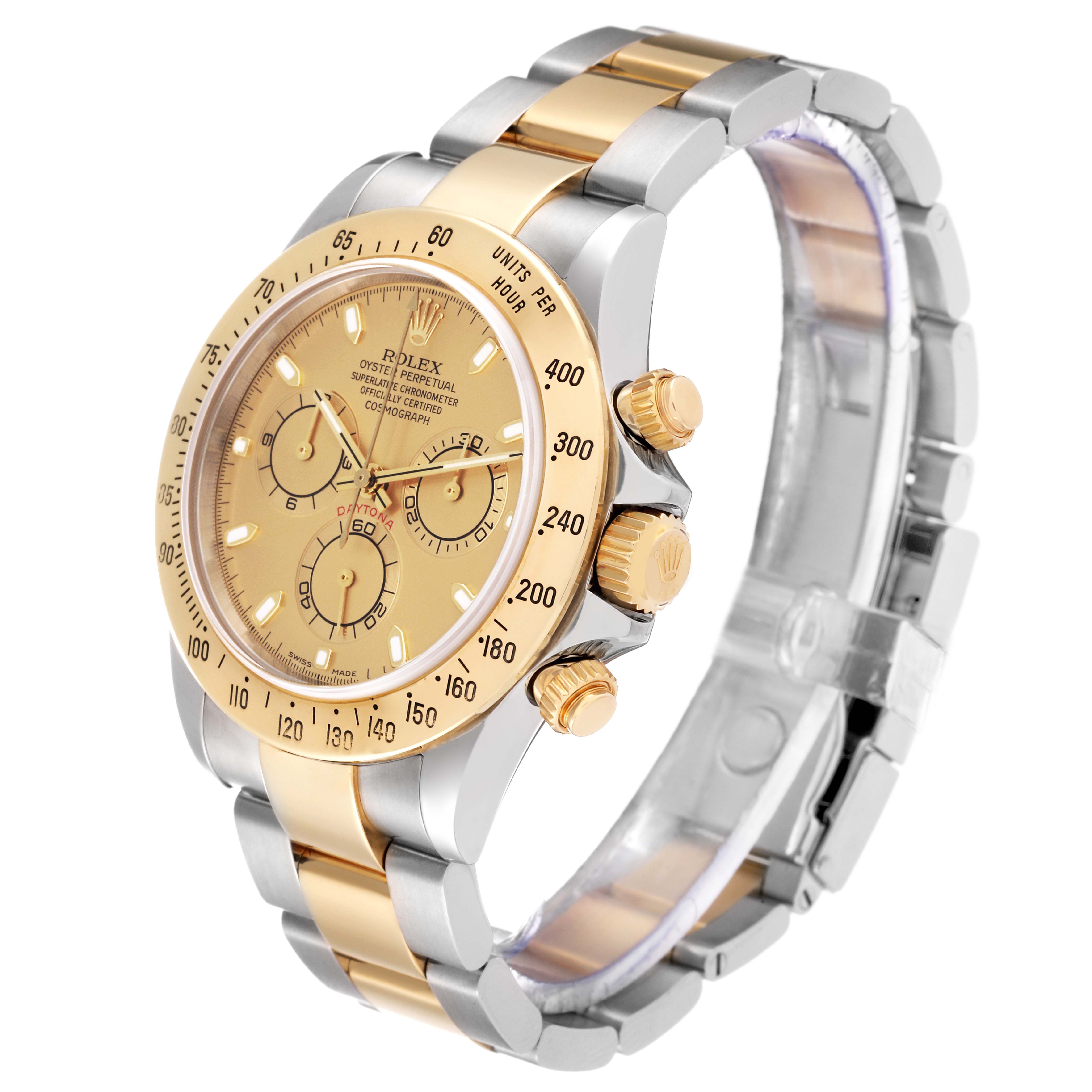This image shows a Rolex Daytona 116523 Men
s Steel and Gold (two tone) Champagne Dial 116523 Men
s Steel and Gold (two tone) Champagne Dial watch at a slight angle, displaying the face, bezel, side buttons, and two-tone bracelet.