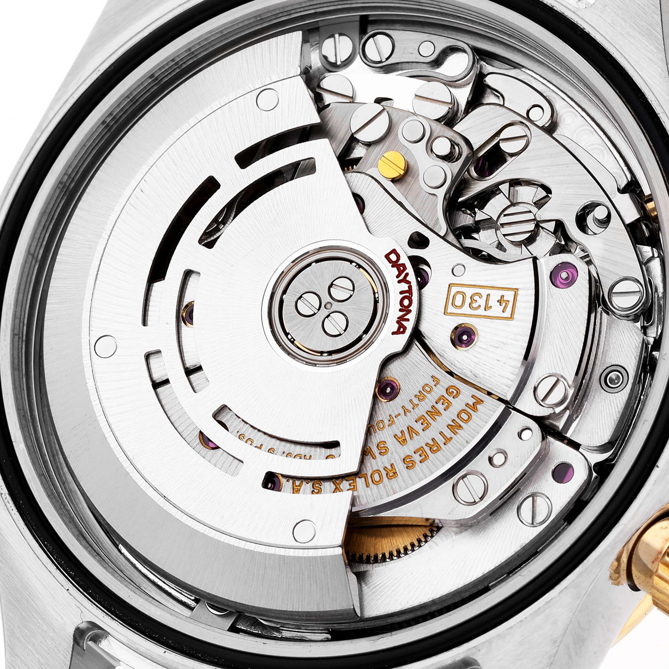 This image shows the intricate internal movement and mechanism of a Rolex Daytona 116523 Men
s Steel and Gold (two tone) Champagne Dial 116523 Men
s Steel and Gold (two tone) Champagne Dial watch from a top-down angle.