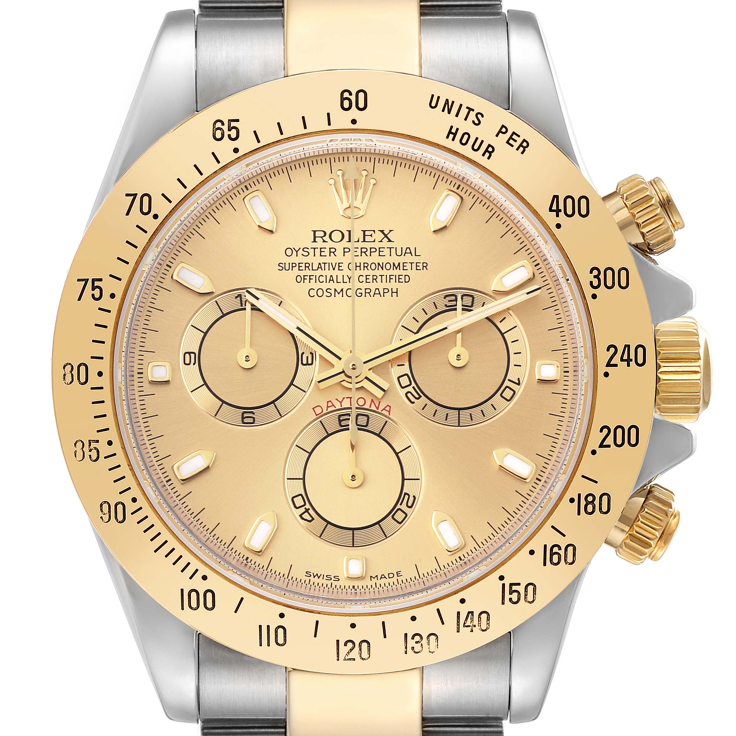 This image shows a frontal view of the Rolex Daytona 116523 Men
s Steel and Gold (two tone) Champagne Dial 116523 Men
s Steel and Gold (two tone) Champagne Dial watch, highlighting its gold dial, bezel, and subdials.
