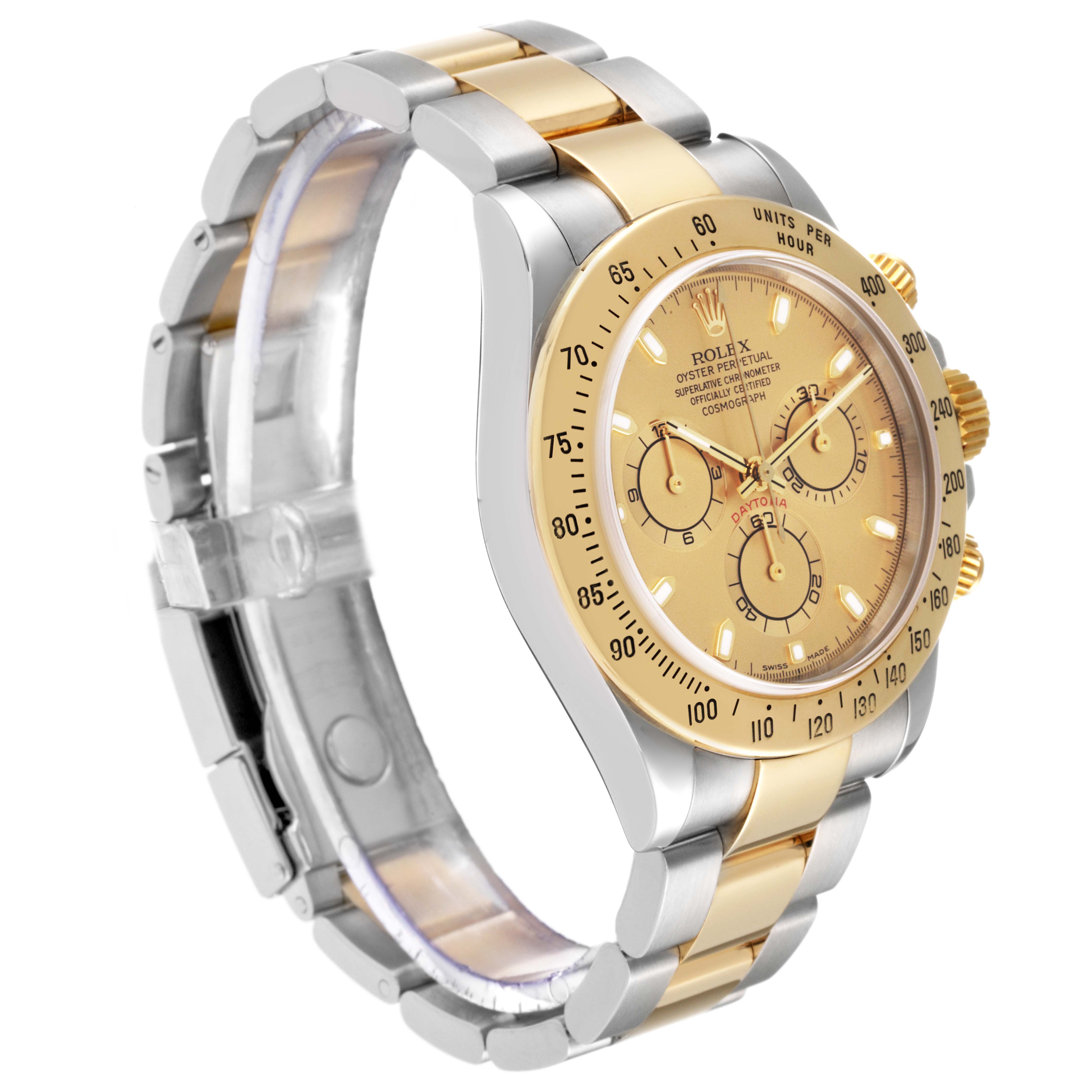 The image shows a side-angle view of a Rolex Daytona 116523 Men
s Steel and Gold (two tone) Champagne Dial 116523 Men
s Steel and Gold (two tone) Champagne Dial watch, highlighting its gold and silver bracelet, crown, and dial.