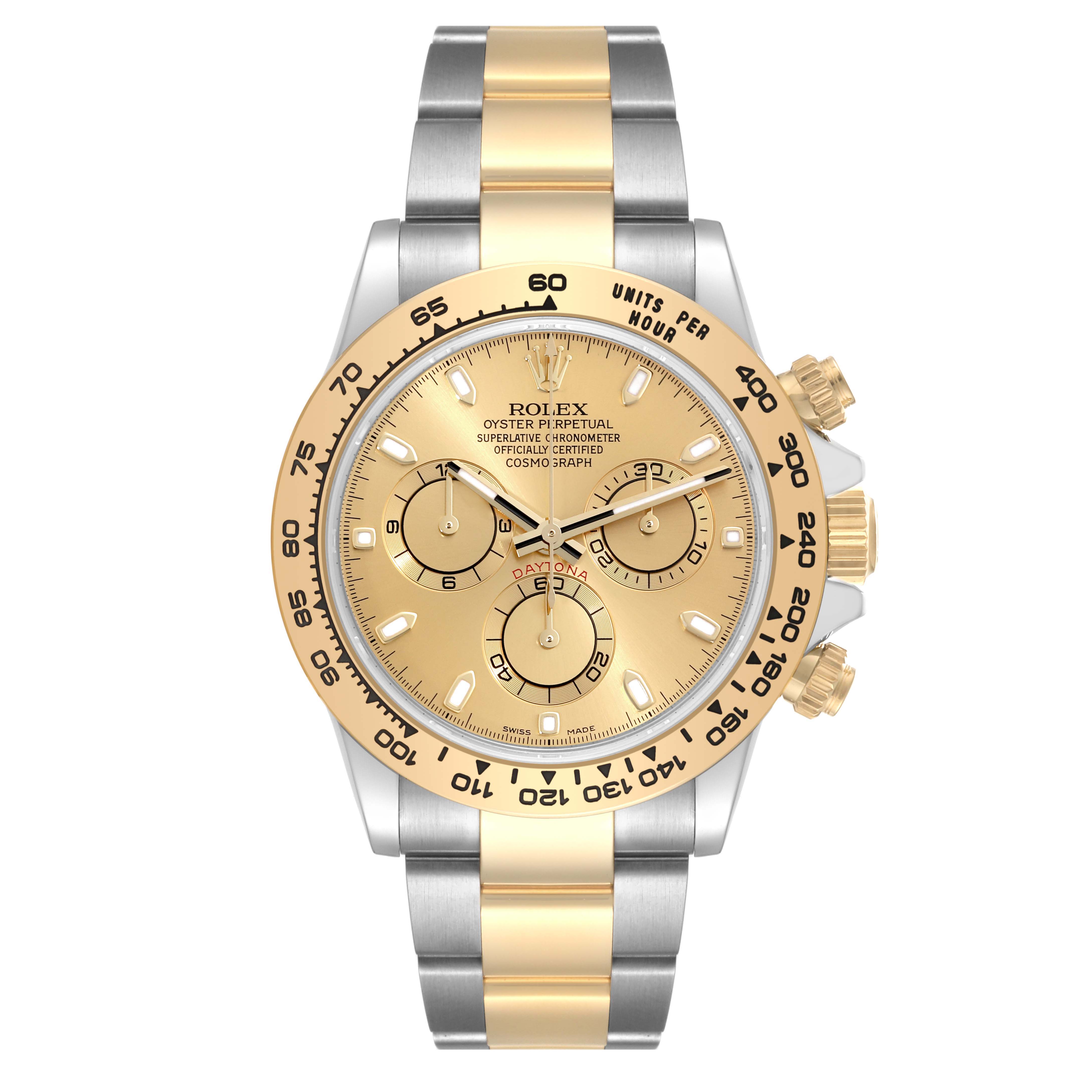 This is a frontal view of a Rolex Daytona 116503 Men's Steel and Gold (two tone) Champagne Dial 116503 Men's Steel and Gold (two tone) Champagne Dial watch, showcasing its gold and silver bracelet, chronograph dials, and tachymeter bezel.