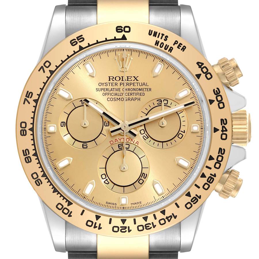 This image shows a front view of a Rolex Daytona watch, highlighting its gold dial and bezel with subdials and chronograph functions.