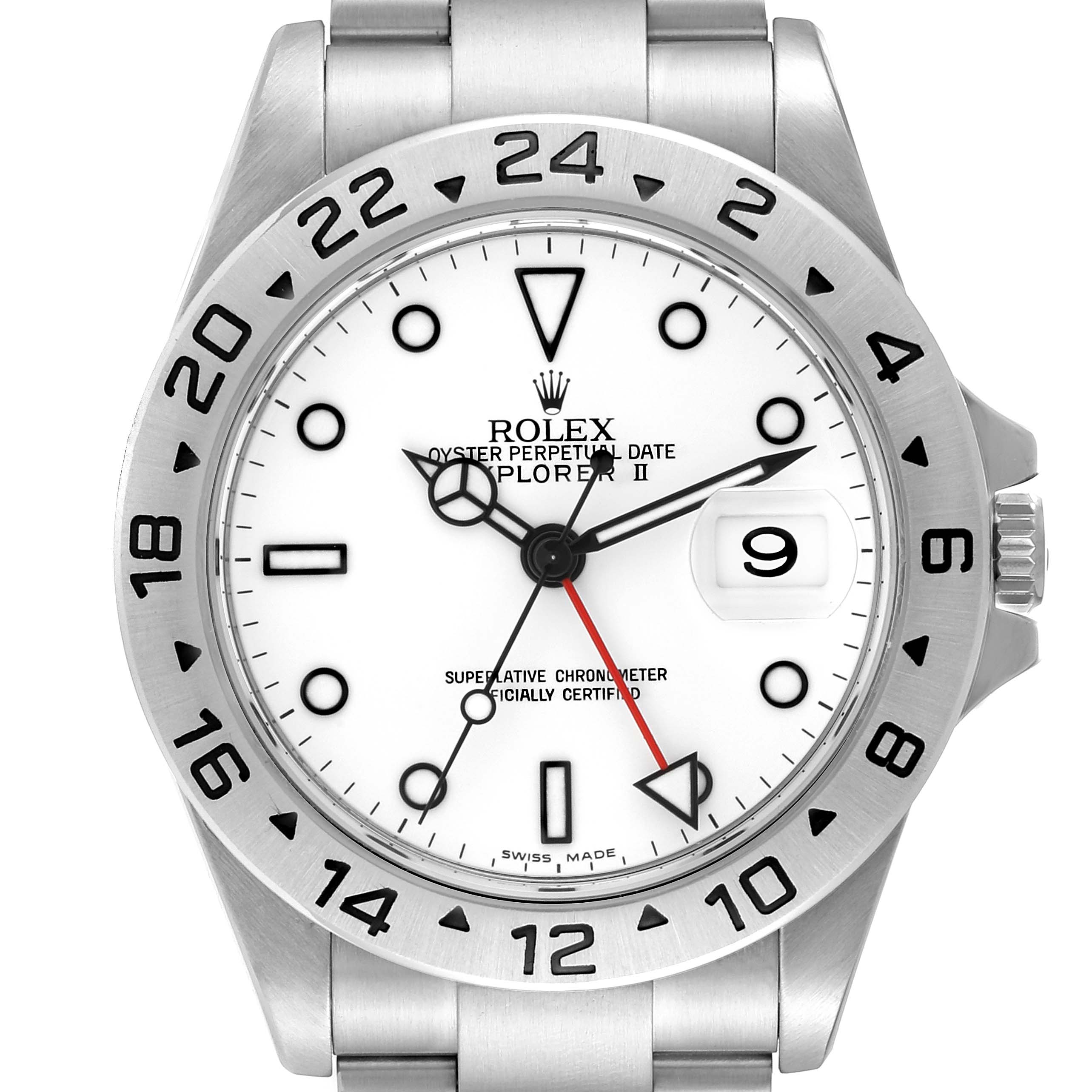 This image shows a front view of the Rolex Explorer 16570 Men
s Stainless Steel White Dial 16570 Men
s Stainless Steel White Dial watch, highlighting its dial, bezel, and part of the bracelet.