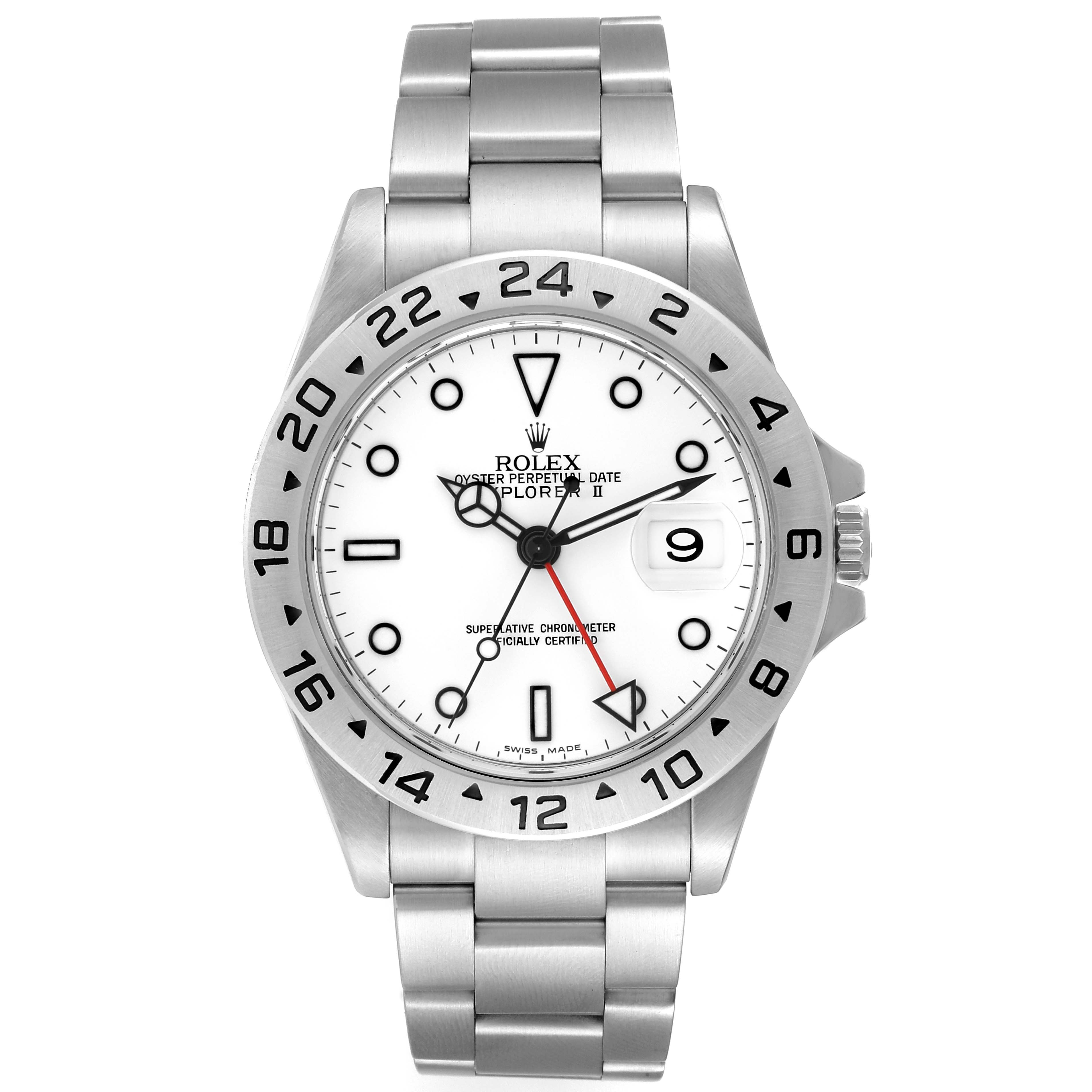 This image shows a front view of the Rolex Explorer 16570 Men
s Stainless Steel White Dial 16570 Men
s Stainless Steel White Dial watch, displaying the dial, bezel, crown, and bracelet.