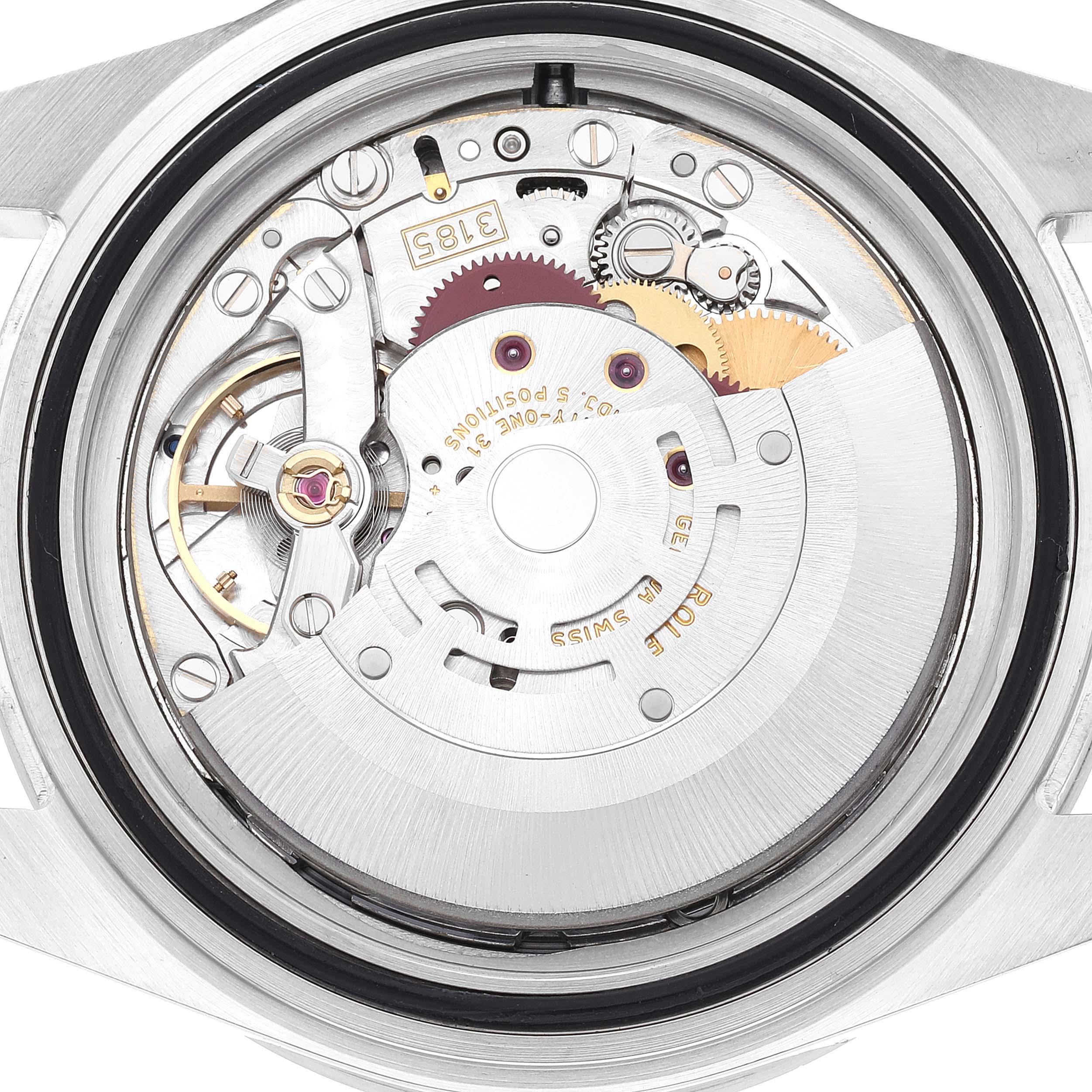 This image shows the intricate internal movement mechanism of the Rolex Explorer 16570 Men
s Stainless Steel White Dial 16570 Men
s Stainless Steel White Dial model from a top-down angle.