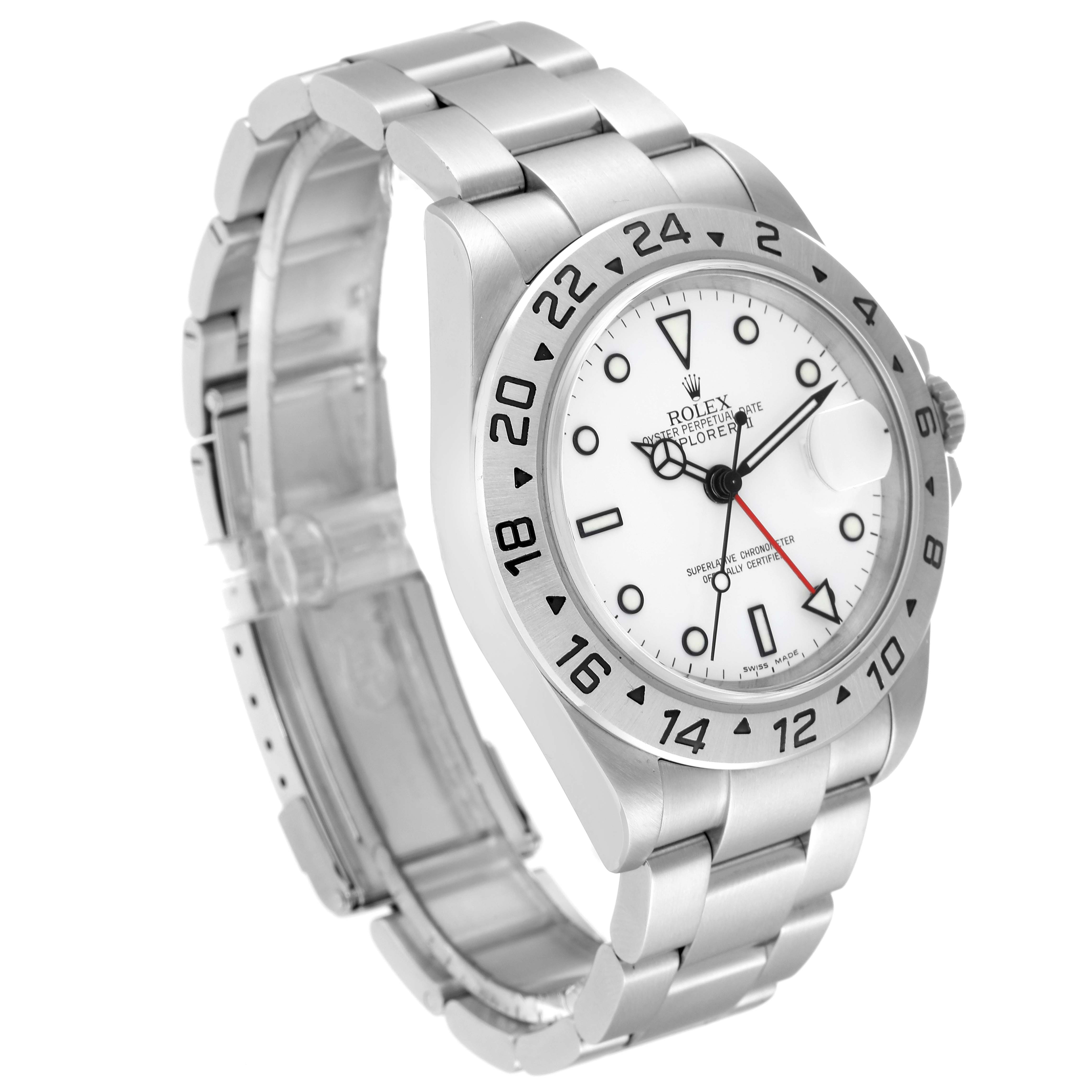The image shows the Rolex Explorer 16570 Men
s Stainless Steel White Dial 16570 Men
s Stainless Steel White Dial model watch from an angled side and front view, highlighting the bracelet, bezel, and dial.