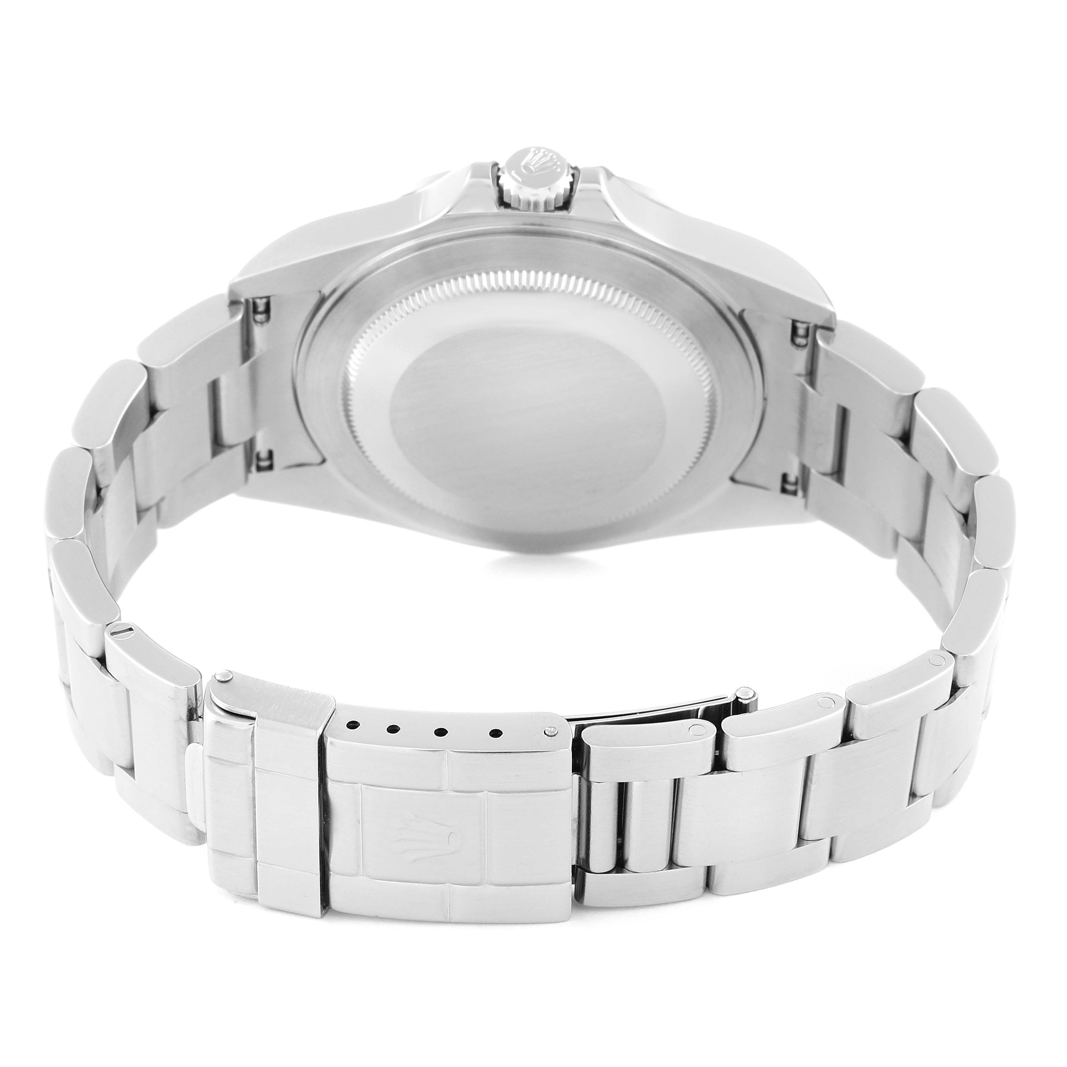 The image shows the back case and bracelet of a Rolex Explorer 16570 Men
s Stainless Steel White Dial 16570 Men
s Stainless Steel White Dial watch from a rear angle.