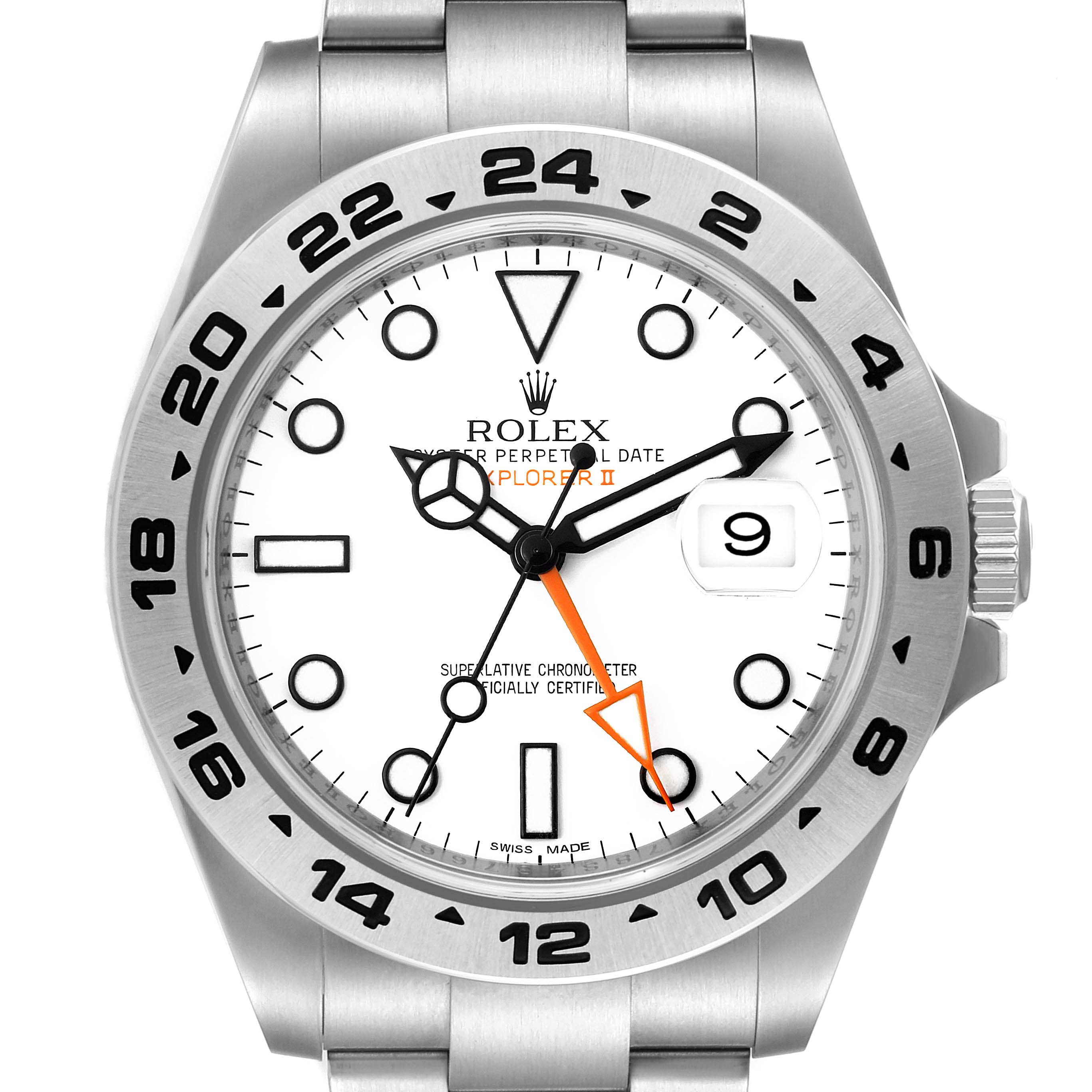 This image shows a front view of a Rolex Explorer 216570 Men
s Stainless Steel White Dial 216570 Men
s Stainless Steel White Dial II, highlighting the dial, hands, date window, and bezel.
