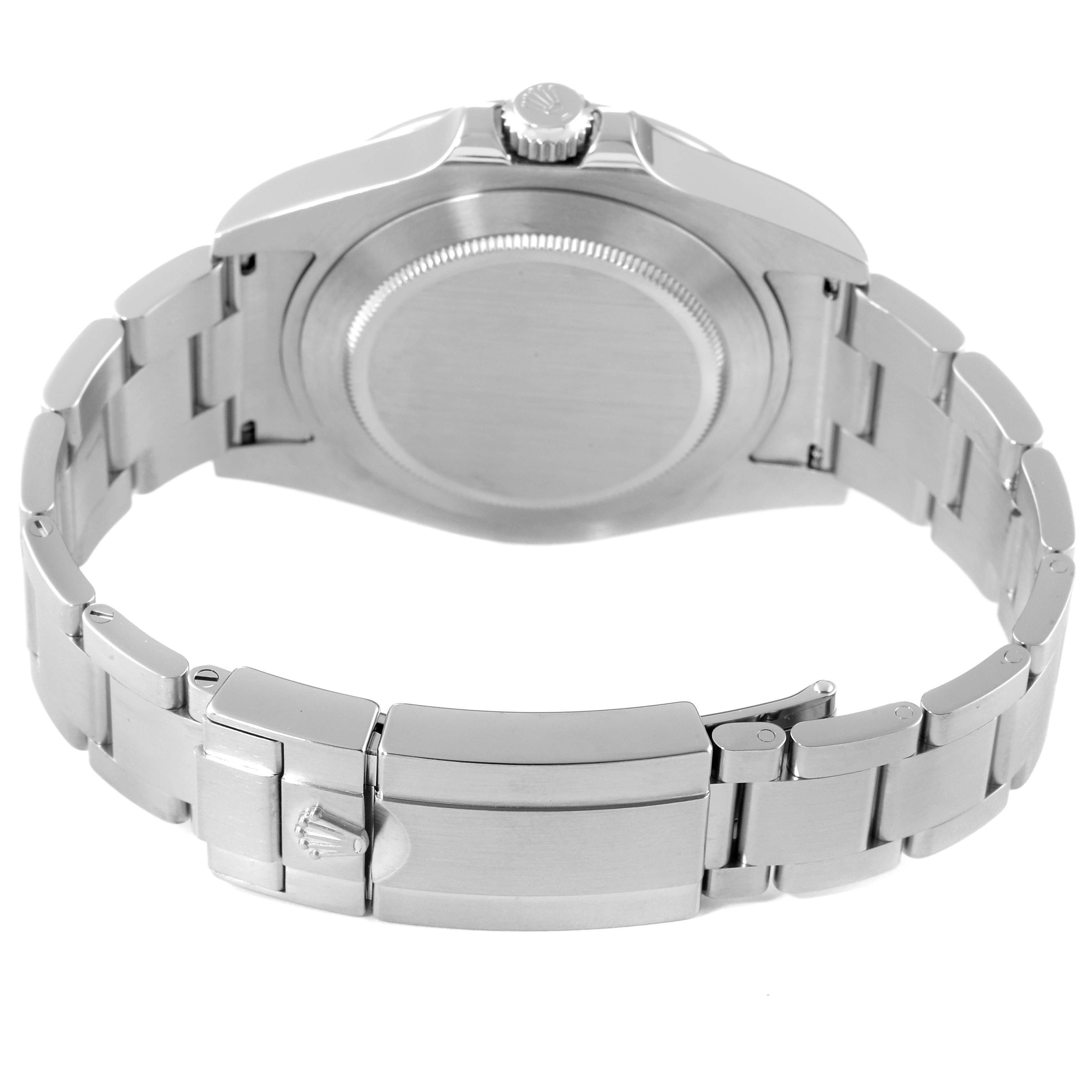 The image shows the back view of the Rolex Explorer 216570 Men
s Stainless Steel White Dial 216570 Men
s Stainless Steel White Dial watch, highlighting the case back, crown, and metal bracelet with a clasp.
