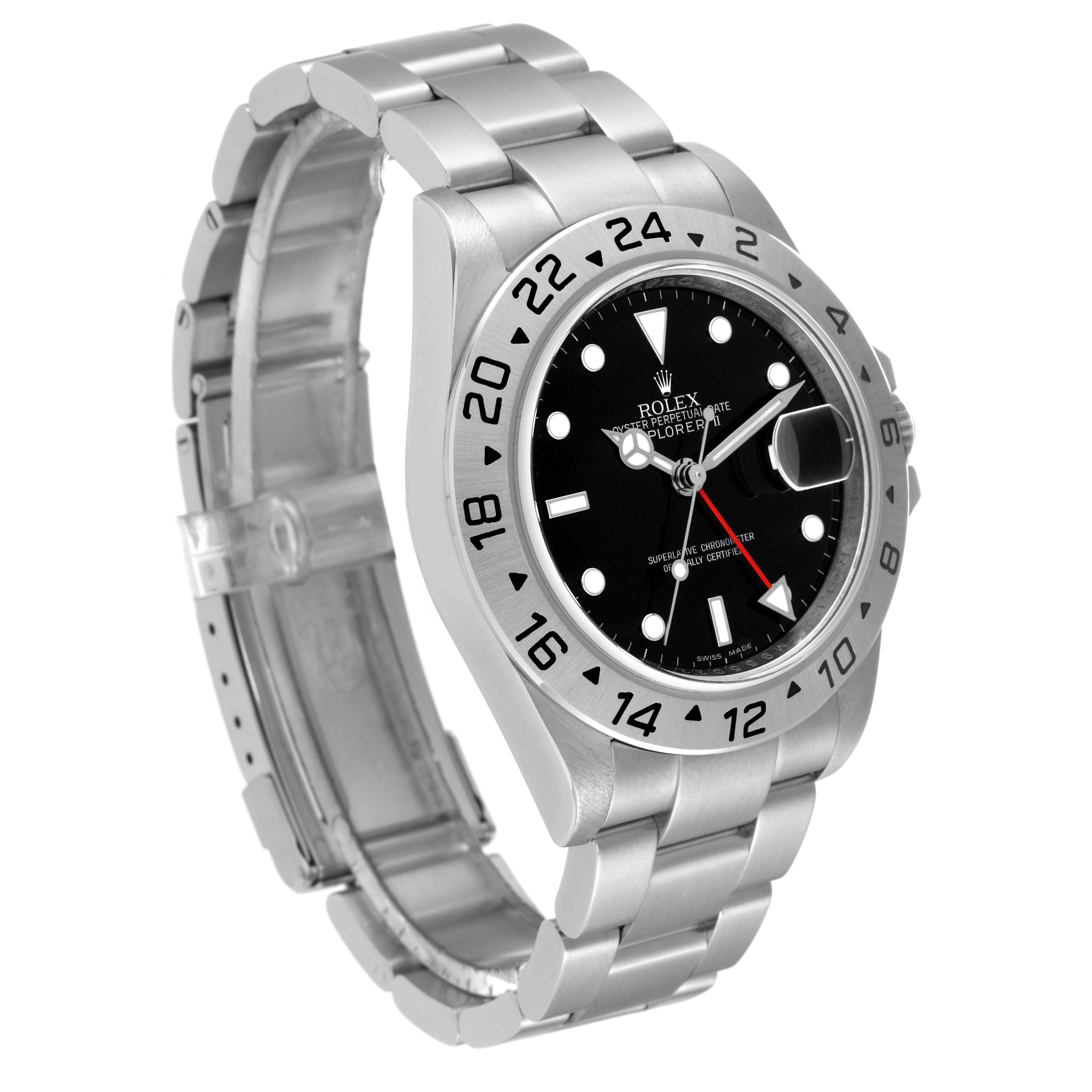 The Rolex Explorer 16570T Men
s Stainless Steel Black Dial 16570T Men
s Stainless Steel Black Dial watch is shown at a slight angle, highlighting the bezel, dial, bracelet, and clasp.