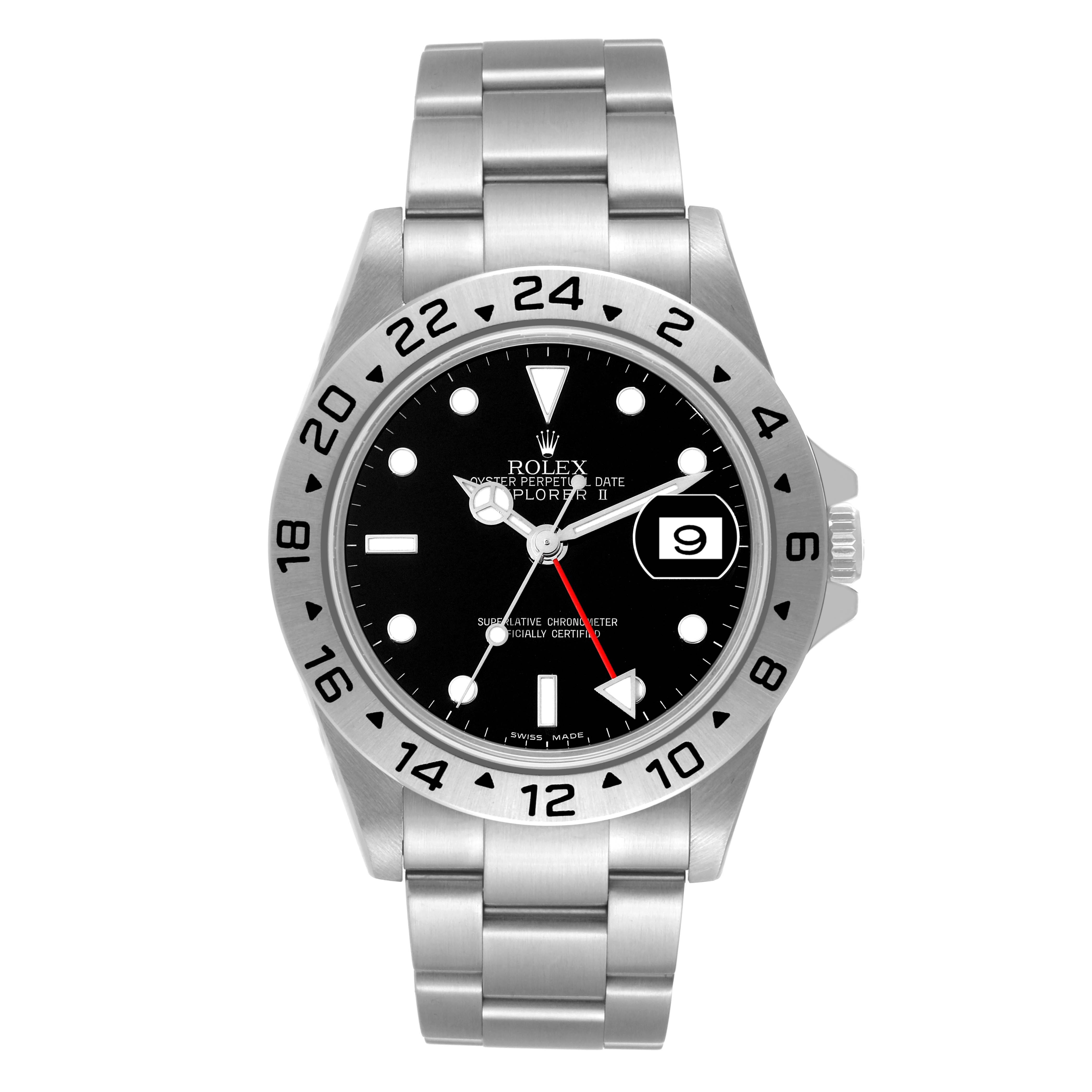 The image shows a front view of the Rolex Explorer 16570T Men
s Stainless Steel Black Dial 16570T Men
s Stainless Steel Black Dial watch, displaying its dial, bezel, and bracelet.