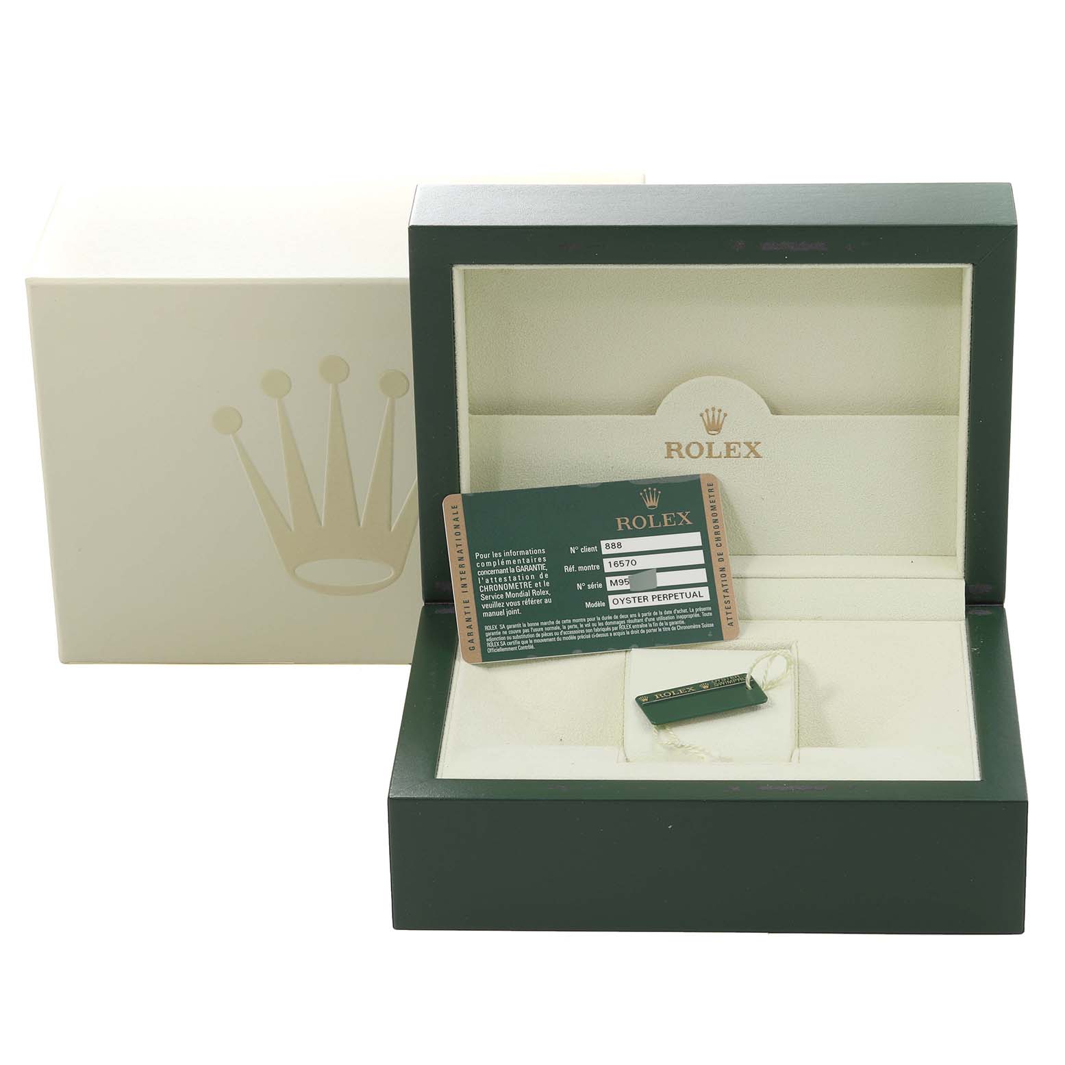 The image shows the packaging, warranty card, and accessories for a Rolex Explorer 16570T Men
s Stainless Steel Black Dial 16570T Men
s Stainless Steel Black Dial model watch.