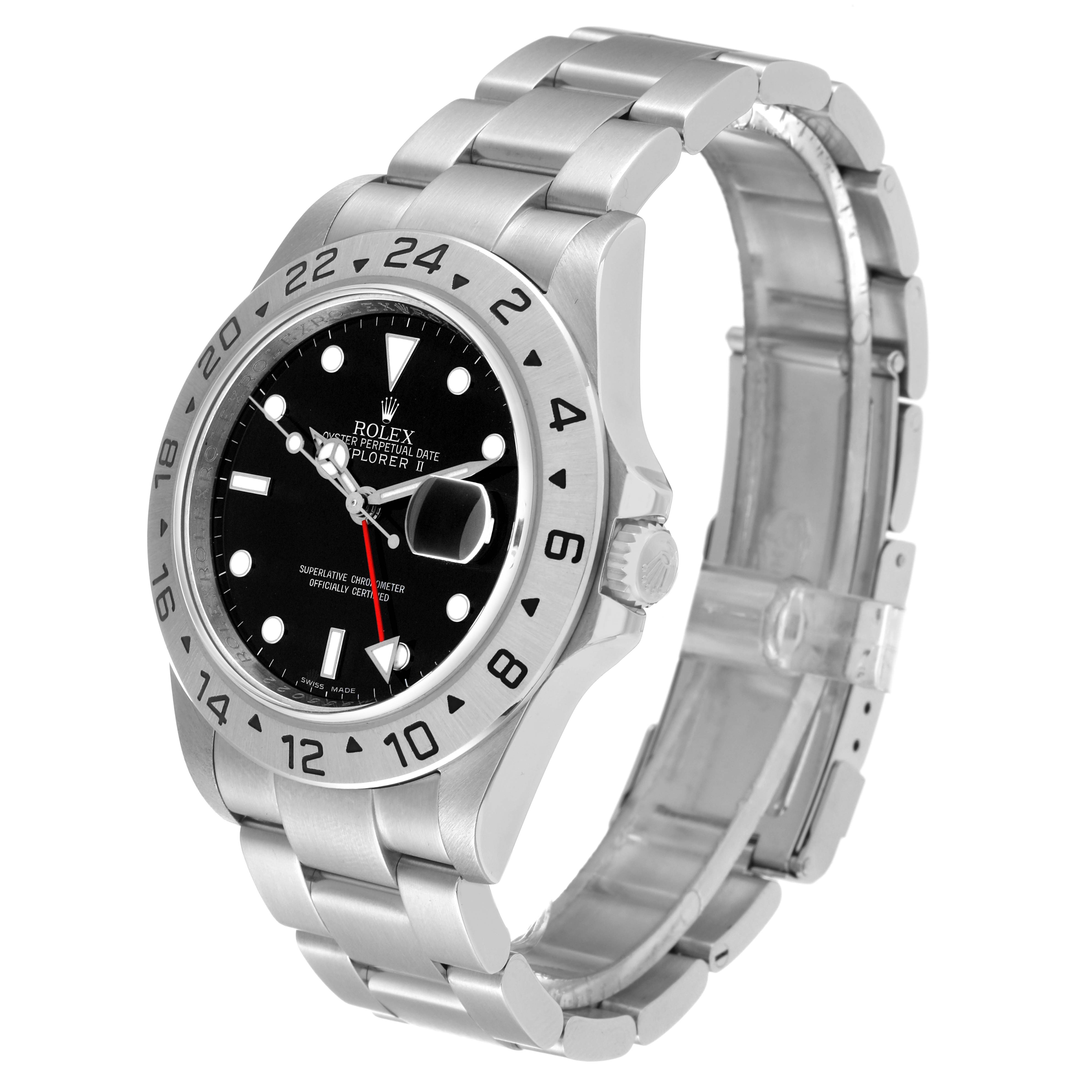 The image shows a Rolex Explorer 16570T Men
s Stainless Steel Black Dial 16570T Men
s Stainless Steel Black Dial watch at an angled side view, displaying its bezel, dial, crown, and bracelet.