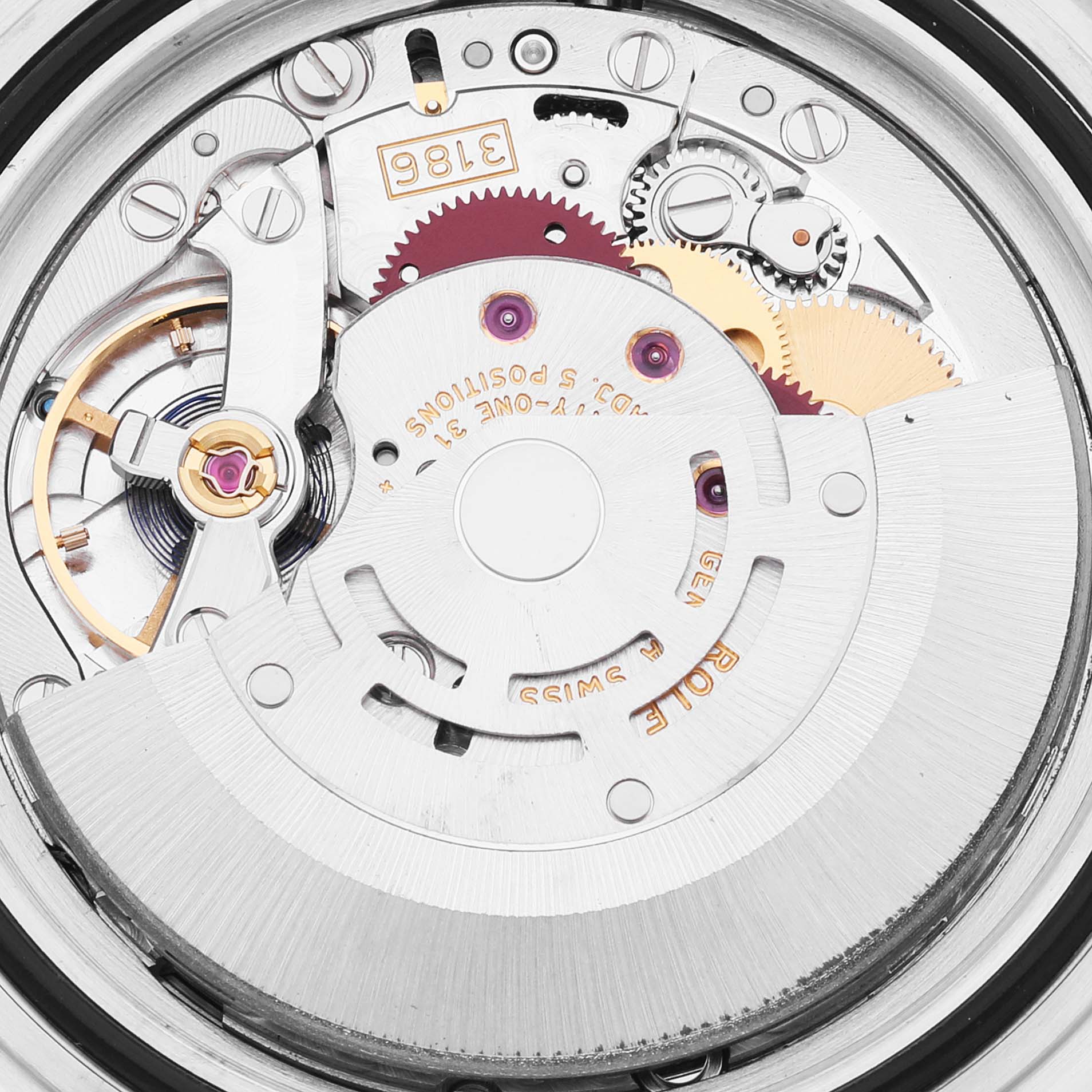 The image shows the internal movement mechanism of a Rolex Explorer 16570T Men
s Stainless Steel Black Dial 16570T Men
s Stainless Steel Black Dial watch.