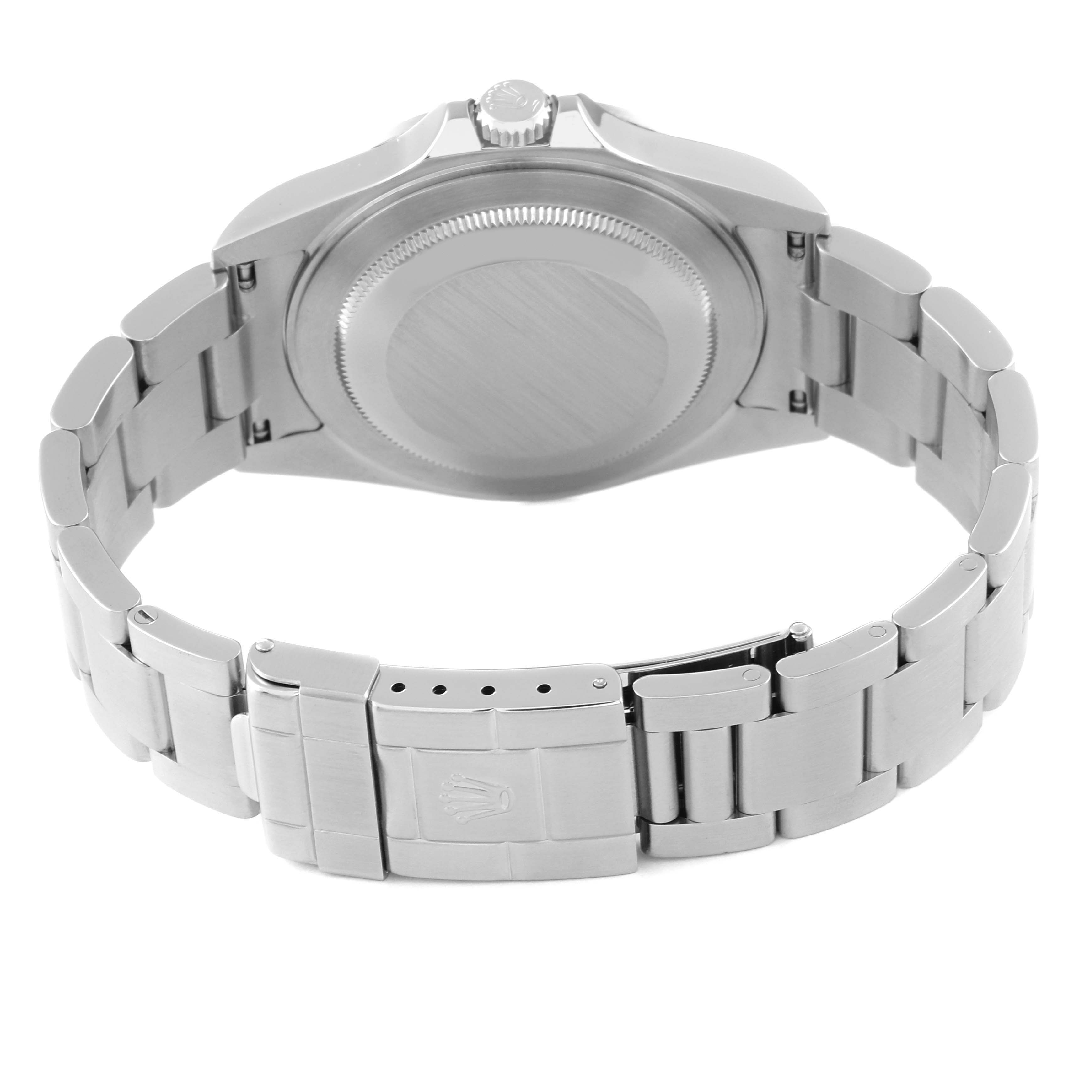 The image shows the back case and bracelet of a Rolex Explorer 16570T Men
s Stainless Steel Black Dial 16570T Men
s Stainless Steel Black Dial watch.