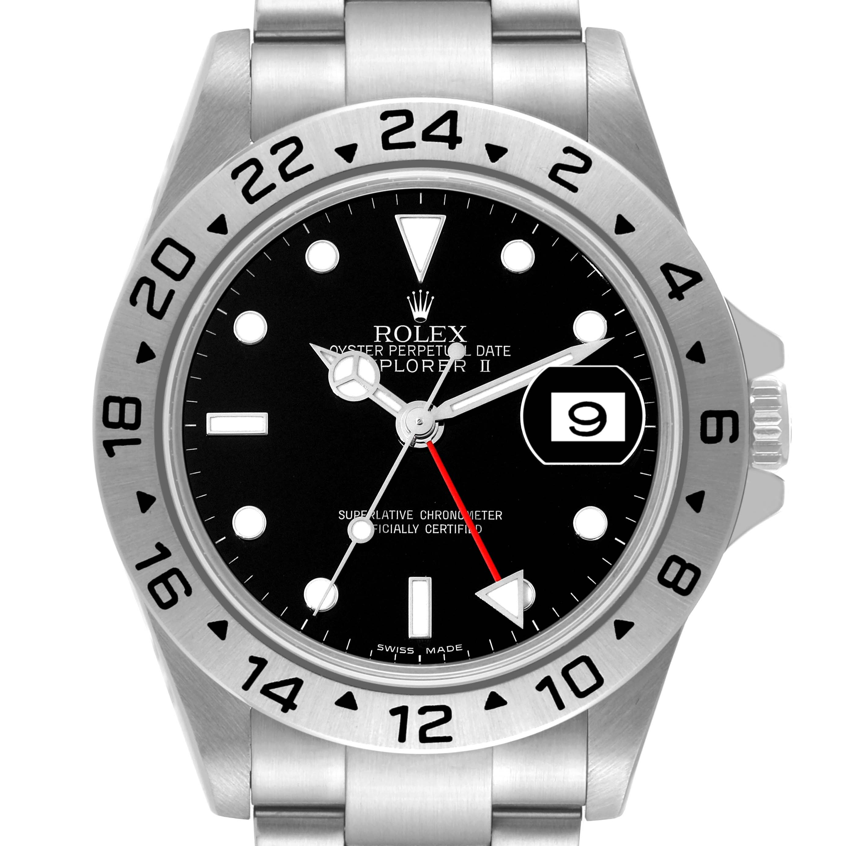 The image shows the front view of a Rolex Explorer 16570T Men
s Stainless Steel Black Dial 16570T Men
s Stainless Steel Black Dial watch, highlighting the dial, bezel, and bracelet.
