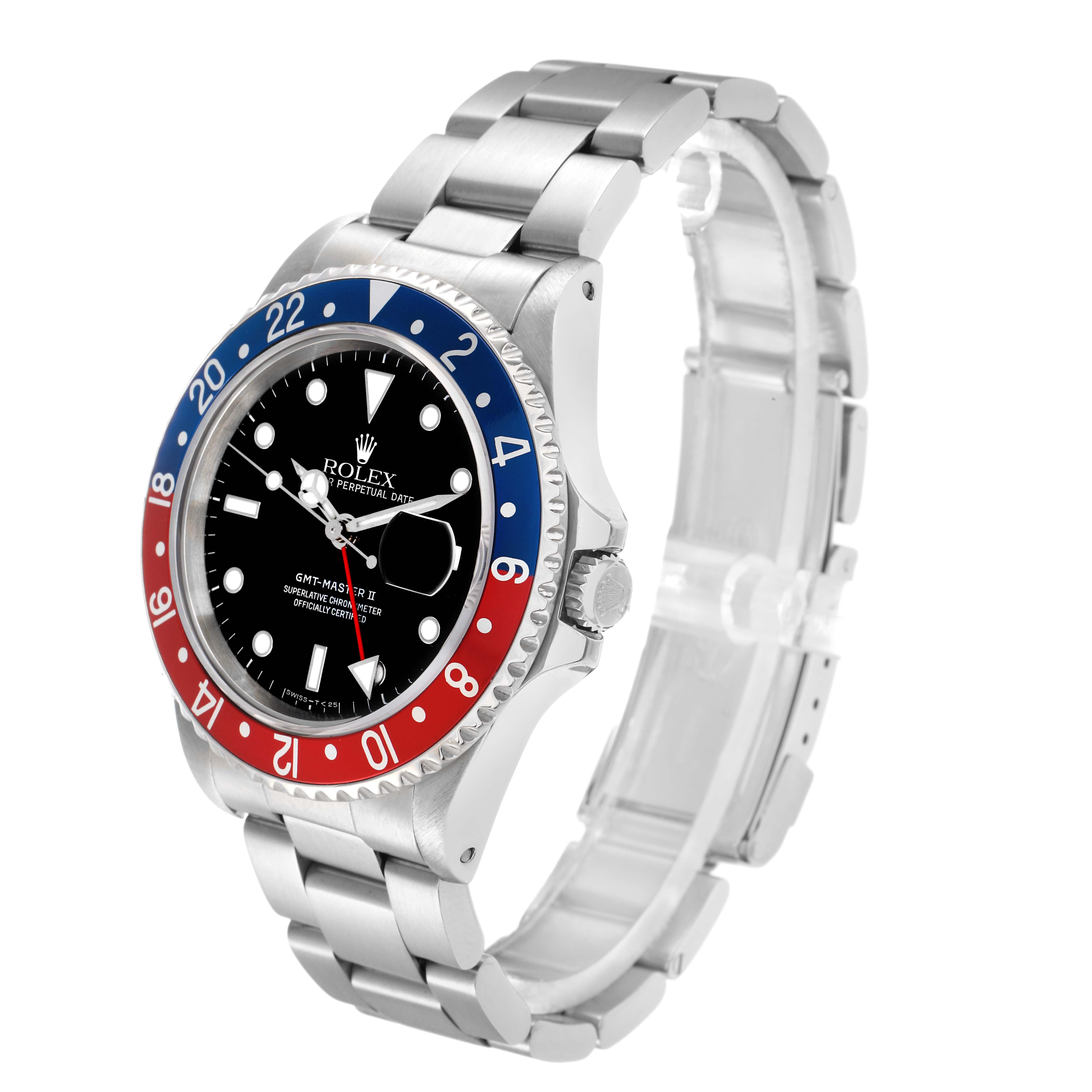 The Rolex GMT-Master model 16710 is shown at a slight angle displaying the bezel, dial, crown, and bracelet.