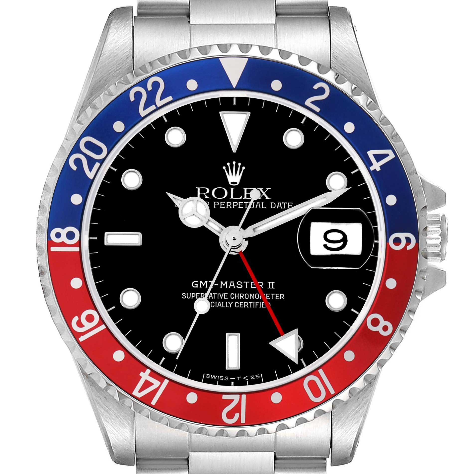 The image shows a front view of the Rolex GMT-Master II, model number 16710, highlighting the bezel, dial, hands, and date window.
